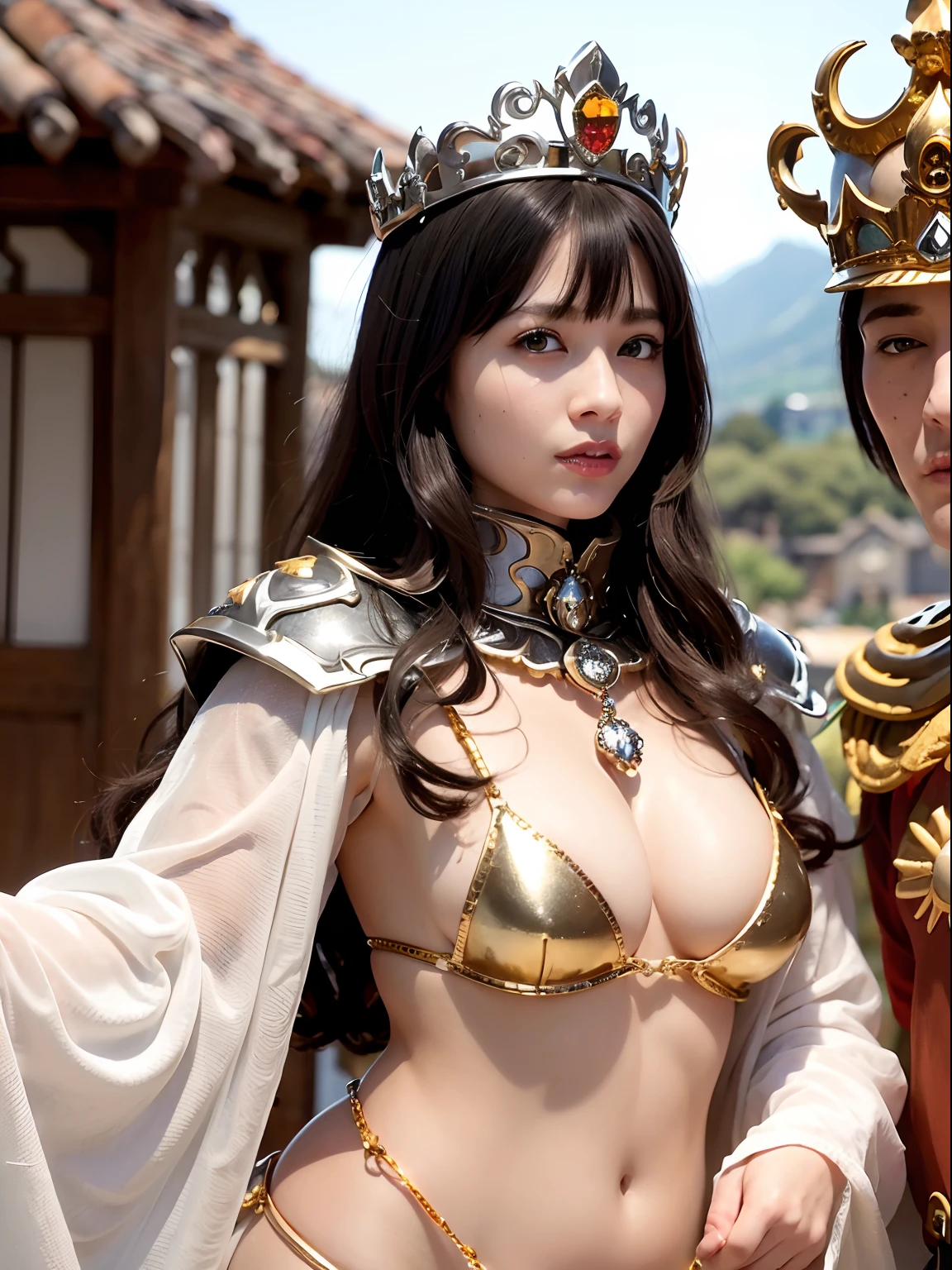 (masutepiece), Professional , masterpiece、top-quality、photos realistic , depth of fields (Gemstone Silver Metal Body:1.9),(Matte White、Particles of light、Jewel Gold Weapon、(Gorgeous castle background)、(White Micro Bikini)(Jewel Metal Body:1.4),Gorgeous Jewel Metal Weapons , Detailed Sword of the Brave ,( Soldier background in metal armor) ,warhammer 40k , adepta sororitas,Detail and ornate jewel crown、独奏、Black hair、(Gangle's forest background)、Beautiful Caucasian beauty、1a person、dynamic ungle,(((Diamond tiara with detail and luxury)))、a small face、A smile、Powerful poses、(Gorgeous castle background)、huge-breasted、20 year old beautiful woman、Stand in the center of the screen、Thin female fingers、Smaller head、
