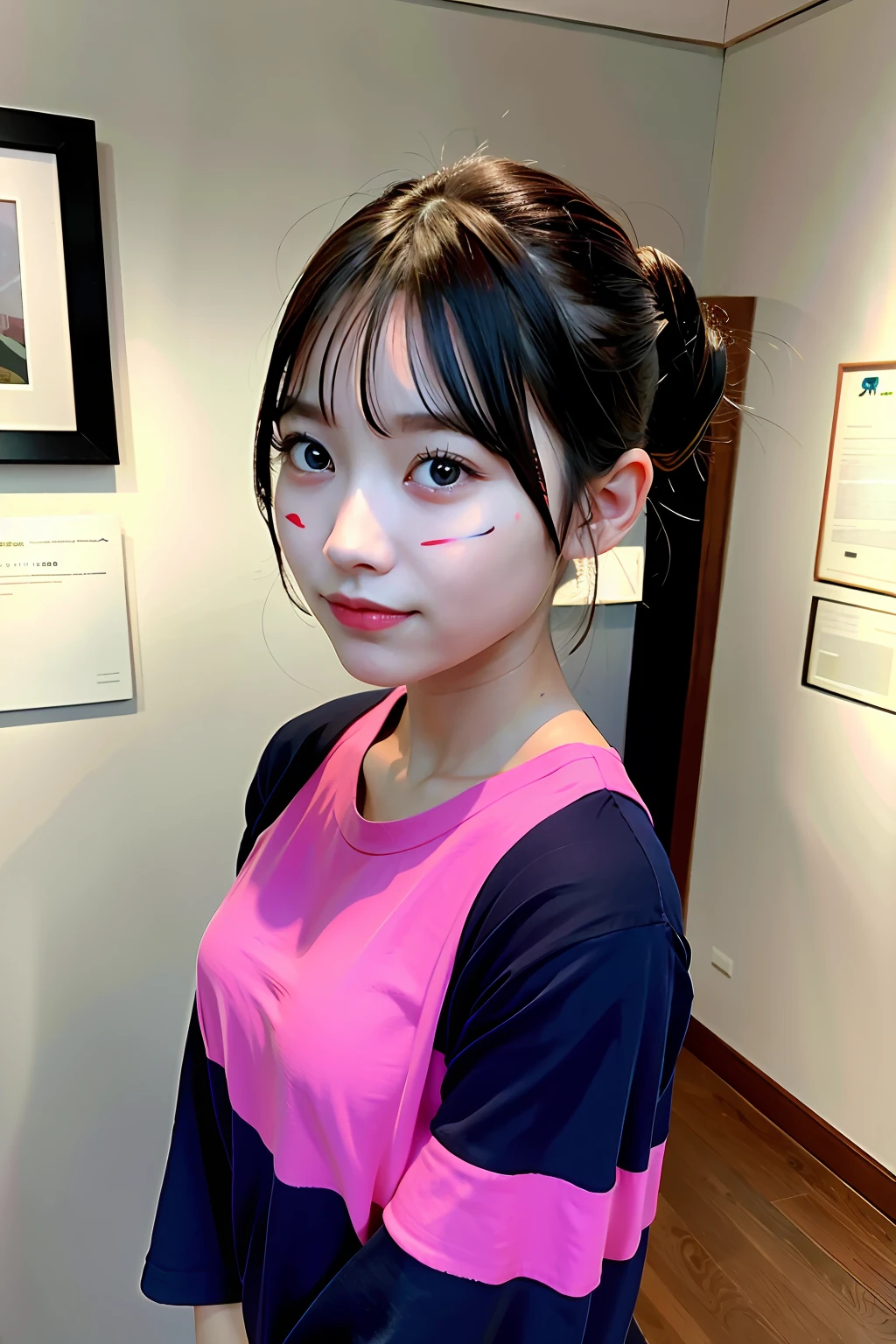 1 Girl Solo, Pretty face, Wearing artistic body paintings, Japanese Models, 25 years old, No makeup, middle breasts, as exhibition at museum