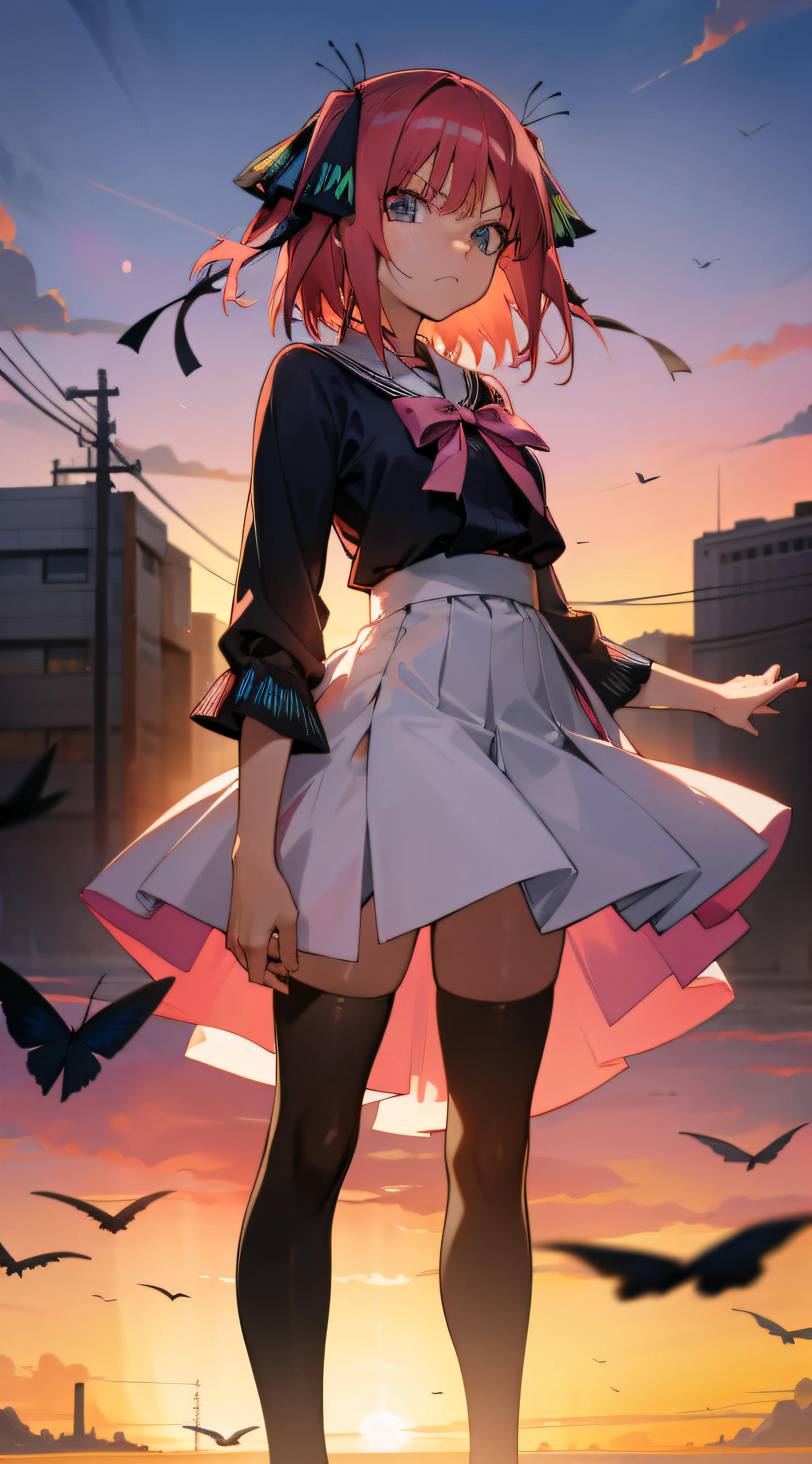 anime girl, looks at viewer, tokyo, pink hair, two black and blue butterfly bows, White tights, elegant dress, short hair, anime Japan, sunset, closed mouth, angry, tights, gothic