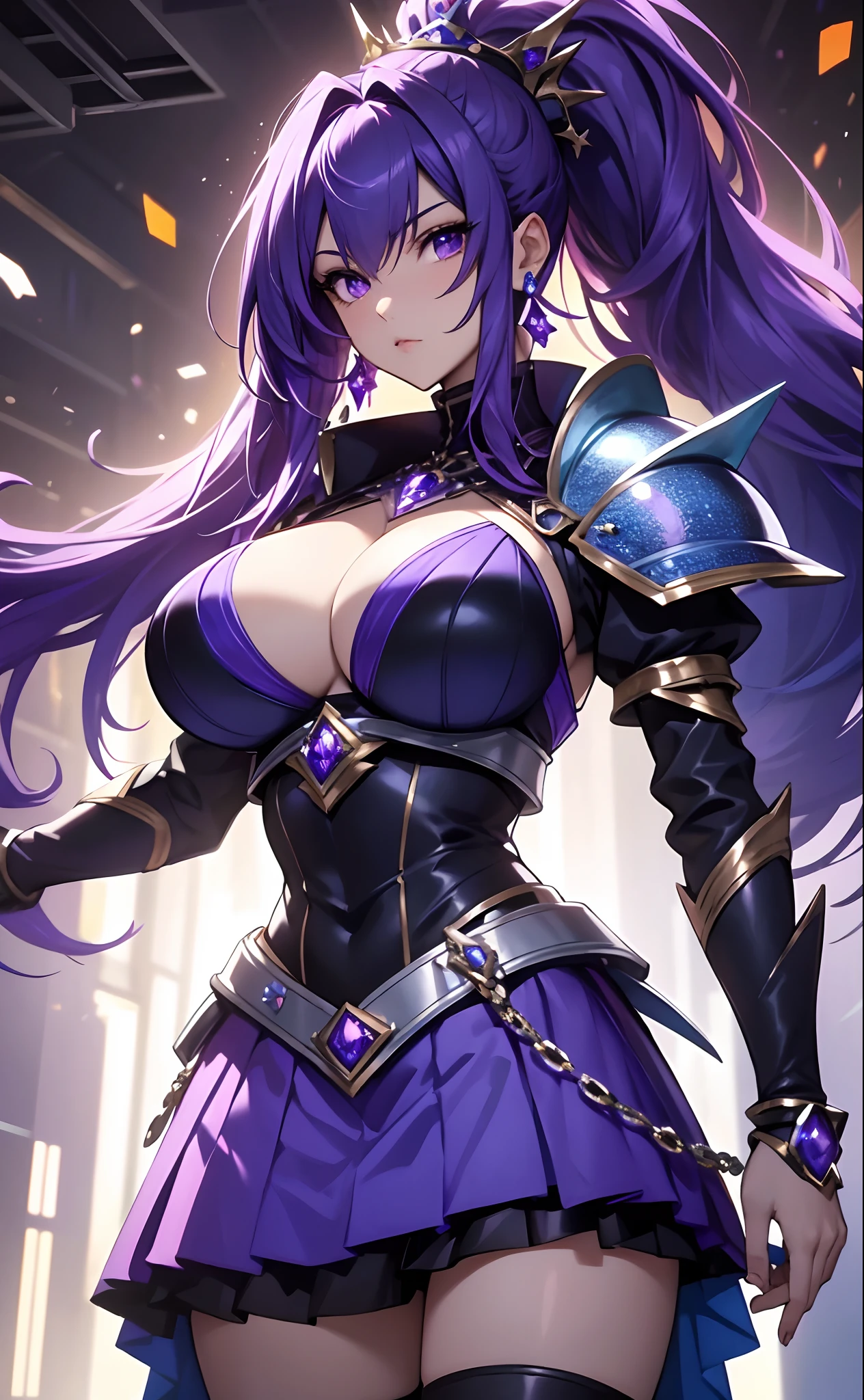 best qualityer，tmasterpiece，Ultimate resolution，downy，Extremely colorful，Colorful，Lady Knight，Royal Sister，Blue-purple armor skirt，huge tit，（Short thin purple hair，High ponytail），Shield set with precious stones，jewelry，Pedras preciosas，Normal posture