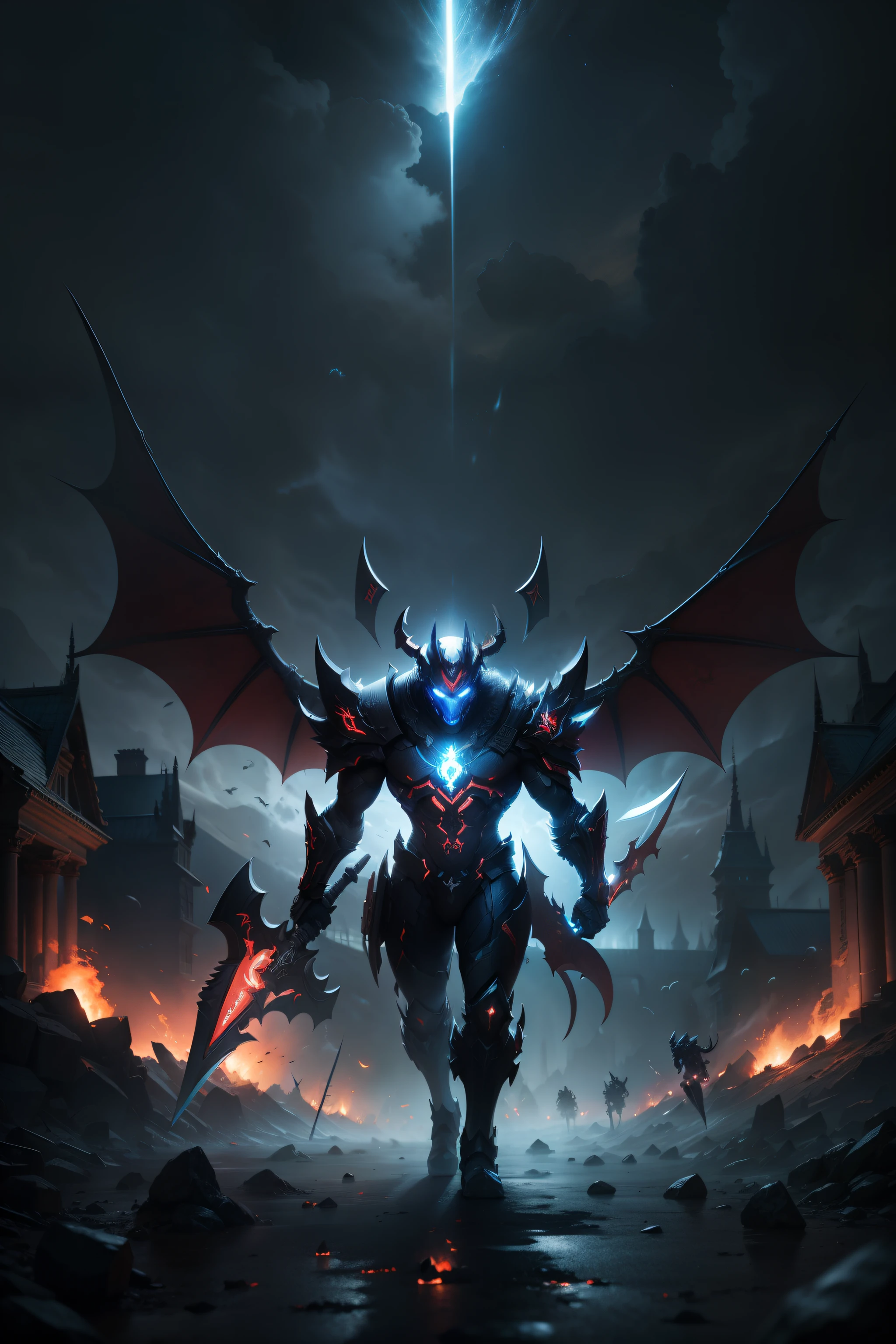 MSI TITAN GT77 Laptop with The AXE DOTA2 HERO and Bats Flying at Night Sky, Devils, Orgre, Demon, Photo Manipulation, Masterpiece, Good Lighting Effect, Mid Journey Style, 5D Render, 5D Rendering Quality, 4K.