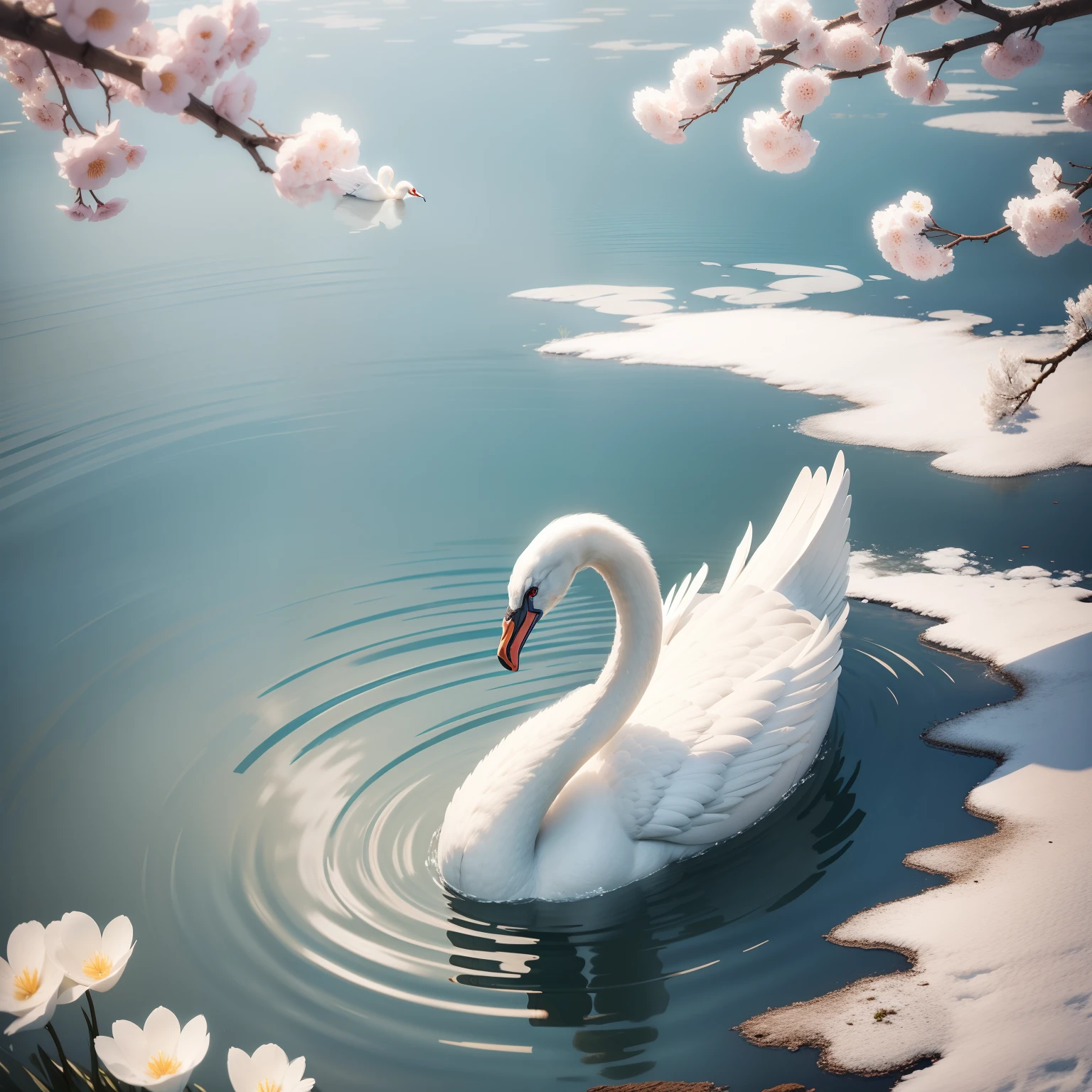 There is a white swan in the middle of the lake, spring season