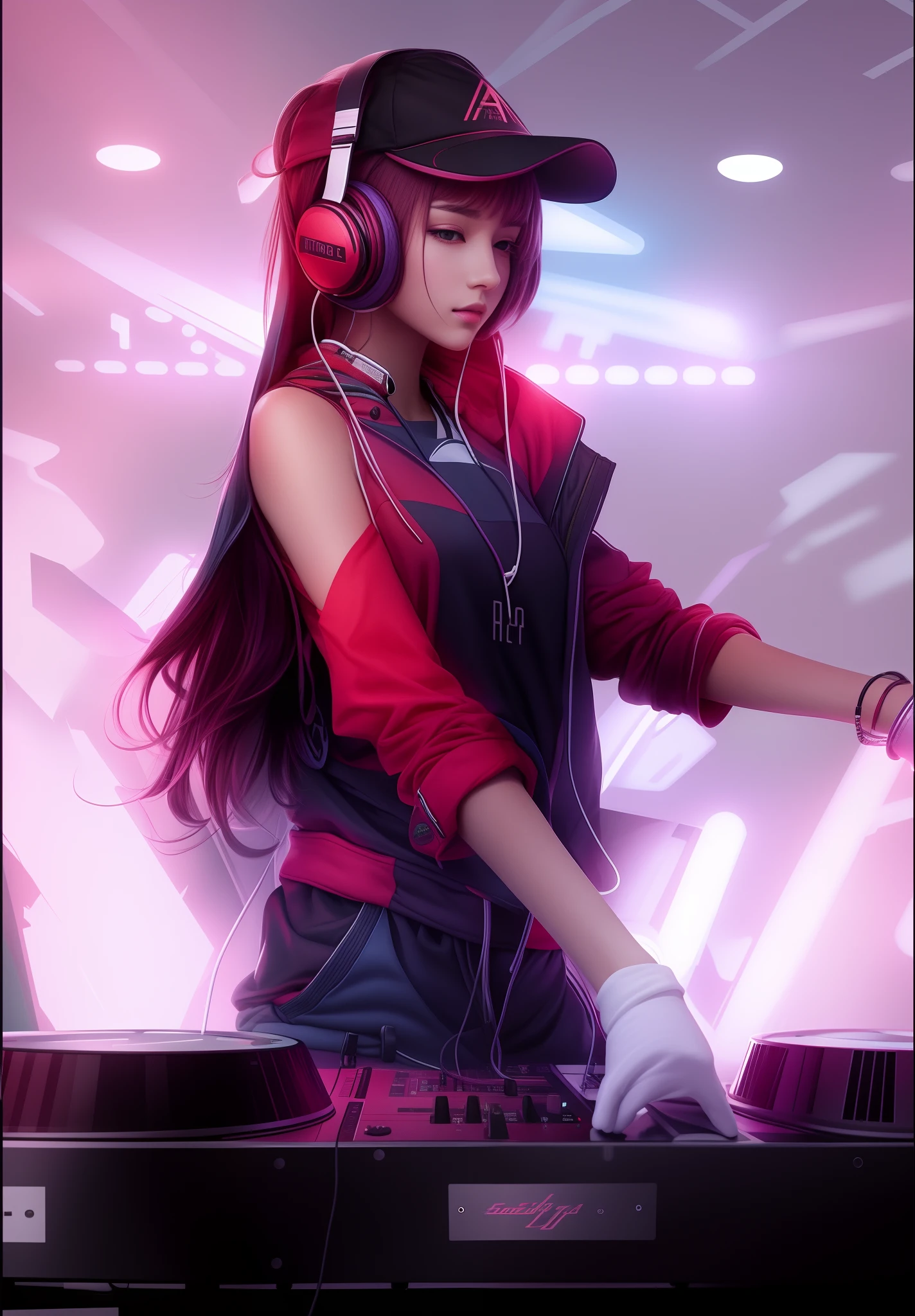 (tmasterpiece,top Quority,best qualtiy,offcial art,Beauty and aesthetics:1.2),The is very detailed,Extremely colorful , many color,hoody,Headphones around your neck, Holding a microphone, ((Red)) baggy eyes,Woman playing DJ in jacket and headphones