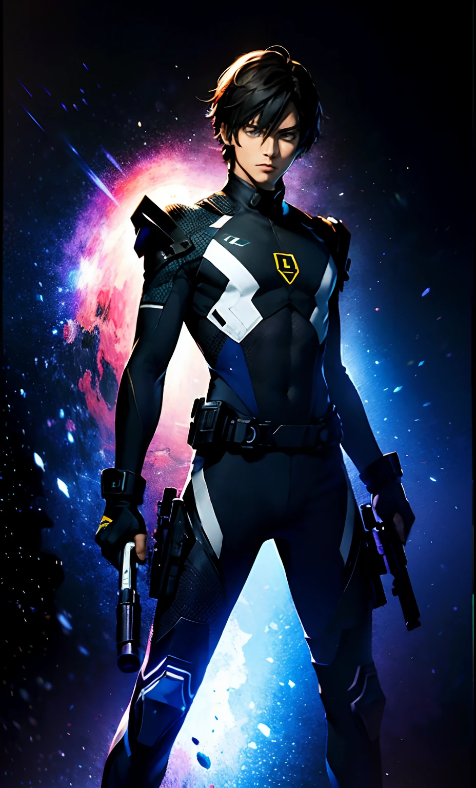 best qualityer,tmasterpiece,Ultimate resolution,downy,Extremely colorful,Colorful, men combatants,a matural male, boy solo, holding gun,Tight combat suit,tightsuit,cosmic background,the night,Normal posture,Normal posture