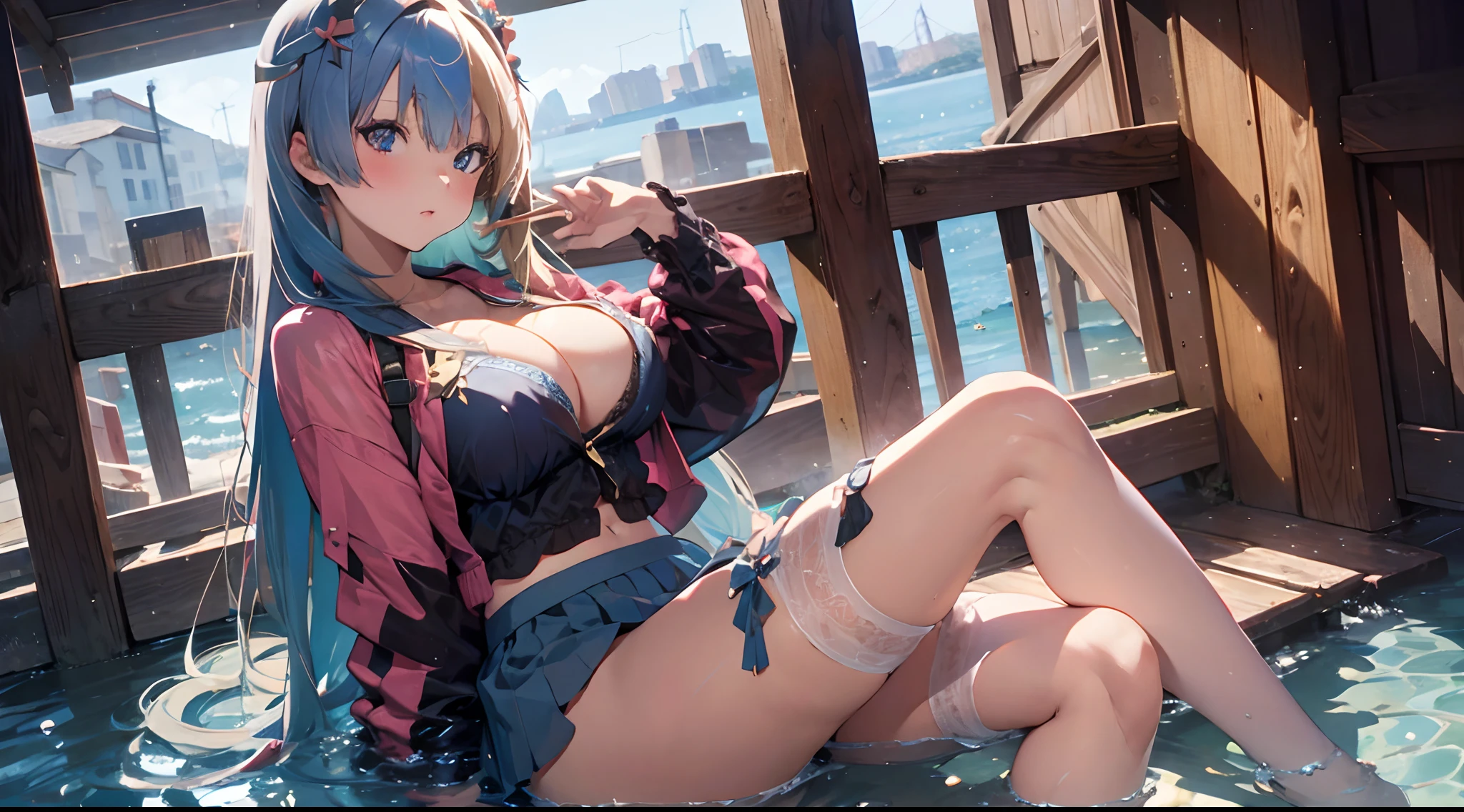 (Enrich the picture,Masterpiece level quality)Beautiful 8K CG artwork,Goddess-like posture,sittinng on the river,Postural exercises,Slim and soft,Translucent skin,Blue hair、The beauty of extra-long hair, Super Long Straight Hair,The skin is fair and juicy,Big breasts lingerie miniskirt uniform,Perspective Part 1.2x enhanced silhouette effect,Exquisite transparent blues pattern in pajamas,The details are intricate and exquisite,The background is slightly blurred,Charming and lustful leg seduction,Drool,K cup big breasts,Blush,Japan goddess,Perfect body slim curves,Scene by the sea,