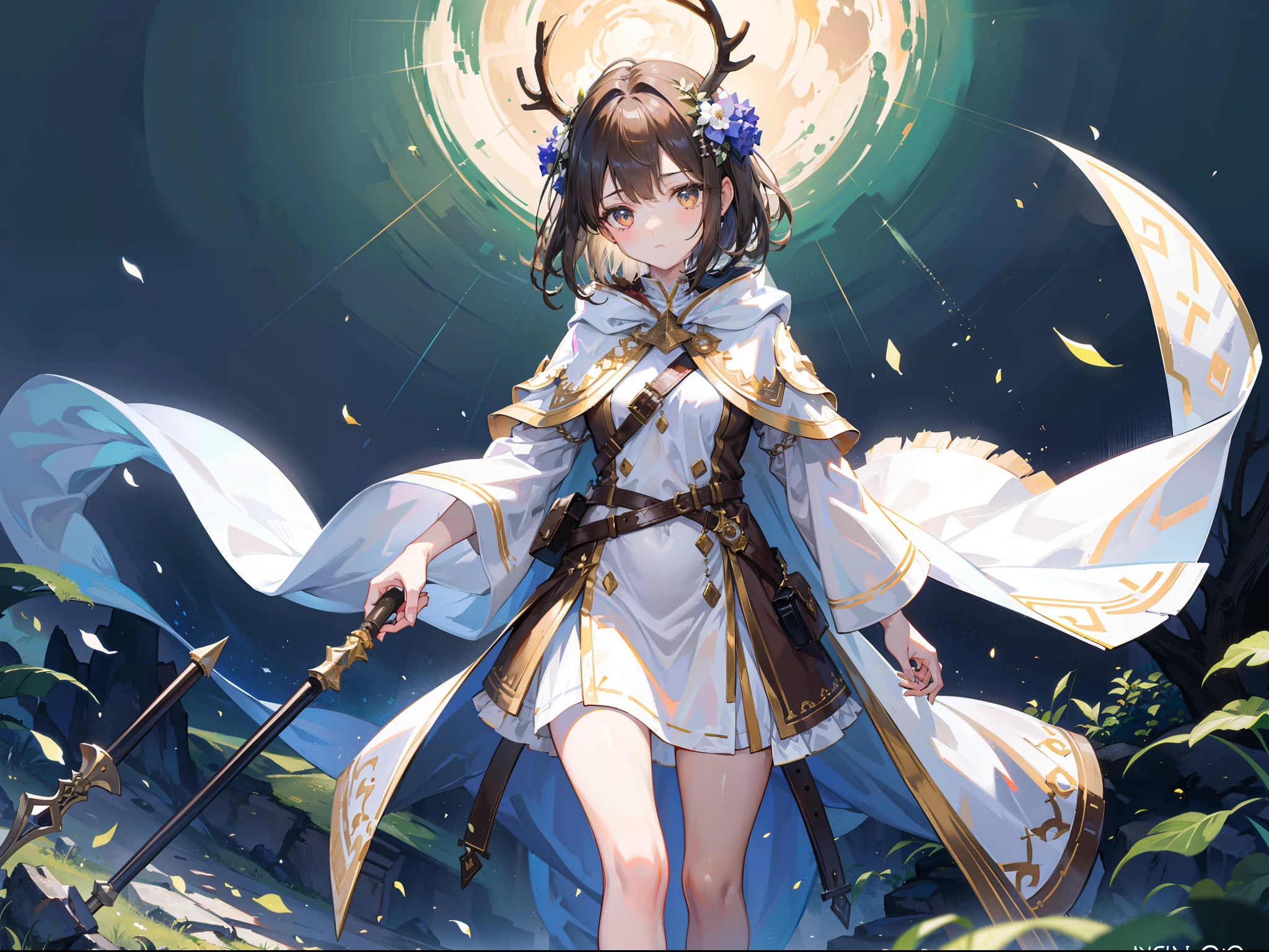 Beautiful girl with dark brown hair,Wear a white hooded tunic,Brown cape,Bare legged,Wear a circle of flowers and plants on your head,short detailed hair,Wear white hairpins,Standing among the cracked mountains and forests,The expression is serious,Reach for the camera,Brown high-heeled sandals,Wear brown ankle rings on the ankles,Ruddy complexion,Huge antlers grow on the head,Brown staff in hand,Has the ability to control all things in the mountains,Radiant