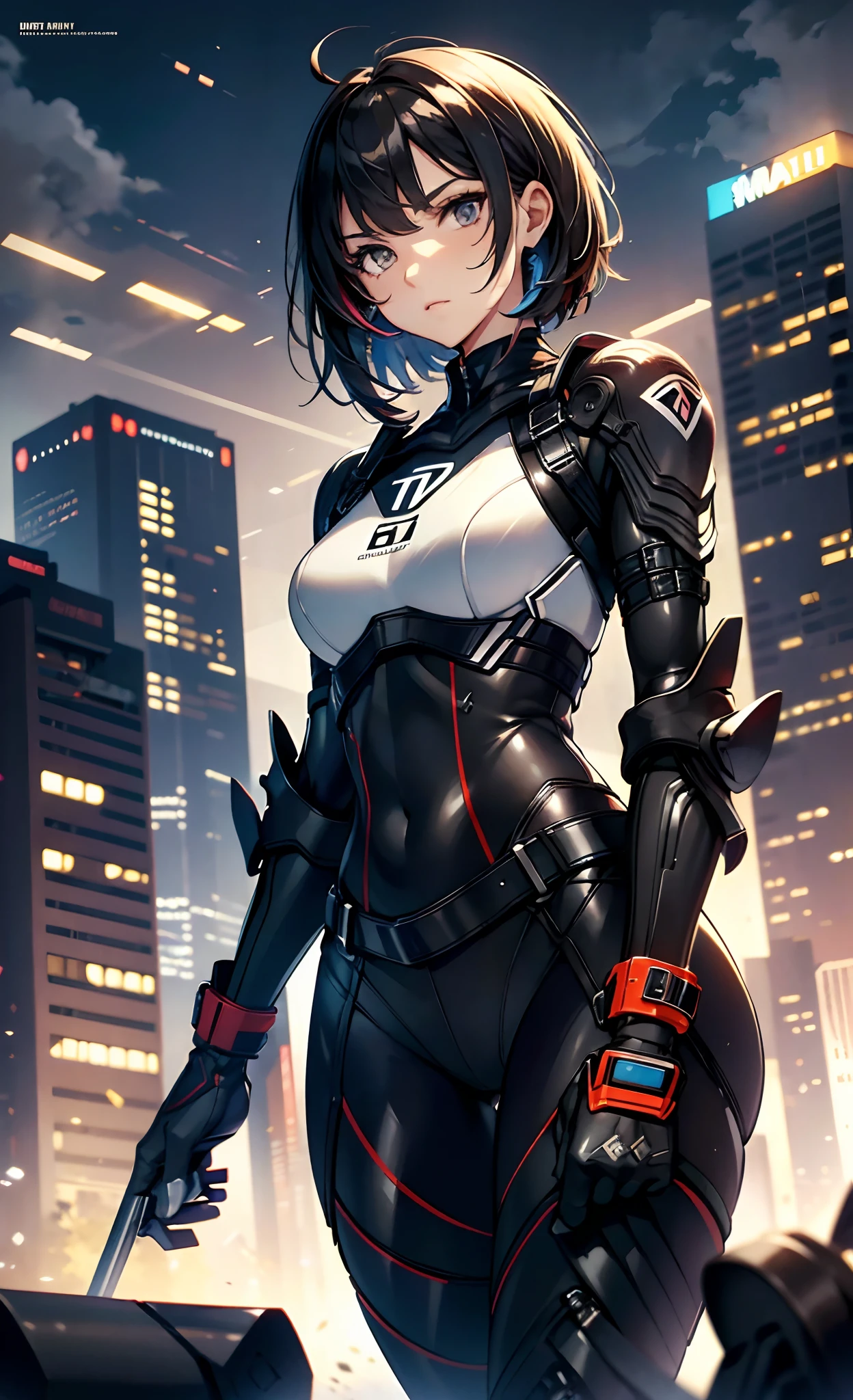 best qualityer,tmasterpiece,Ultimate resolution,downy,Extremely colorful,Colorful,Women combatants,a matural female,Black super short hair,Tight combat suit,tightsuit,Steel City background,the night,Normal posture,Normal posture