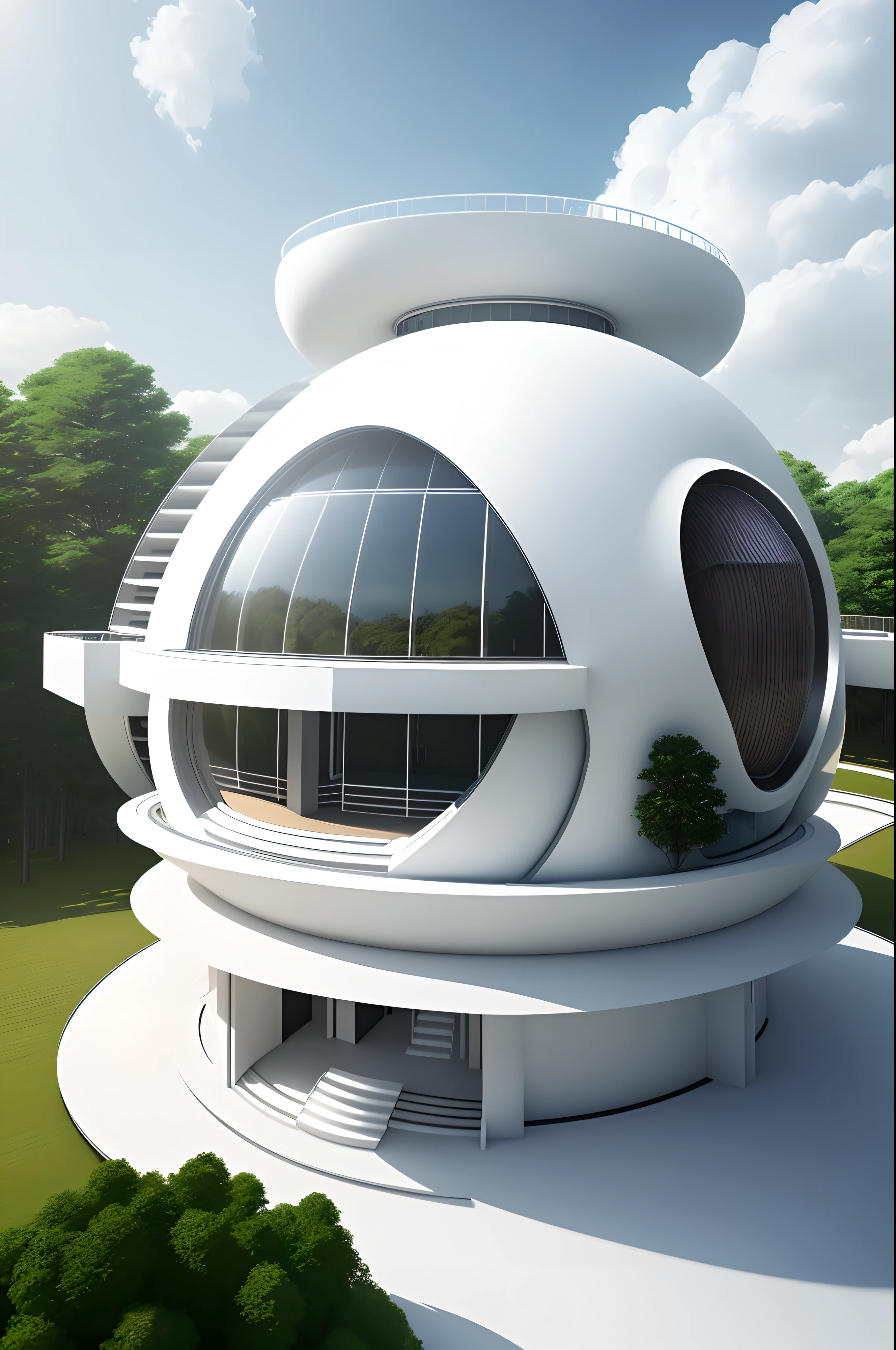 semi-spherical exterior home, modern architectural design, more forms and functions, new scientific home, high solar energy technology, white color and metallic, forest, daylight, sky, white cloud, realistic, photorealistic, futuristic, 8K, masterpiece, best quality, high resolution, extremely full detailed,