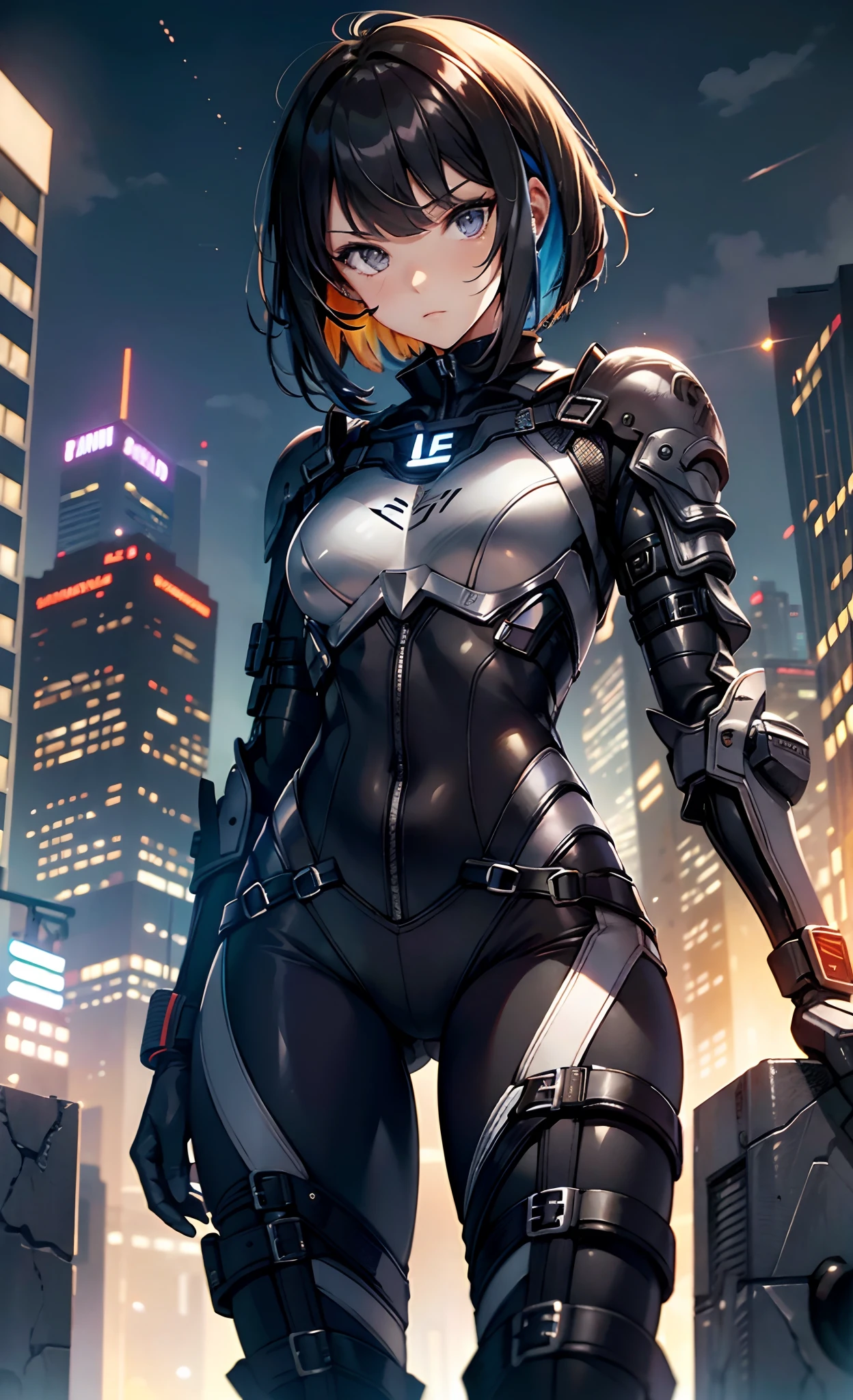 ((masterpiece,best quality)), (cyberpunk,night sky, night,cinematic lighting,extremely detailed :1.3), 1girl, ((solo)),((extremely detailed CG unity 8k wallpaper)),((bodysuit)), hoshizora_rin,((small breasts)), short hair, detailed background, yellow eyes, orange hair, ((nsfw)),cyberpunk city, neon lights, LED, colorful, (outdoors:1.2), looking back, ass, fantasy, cityscape, ((illustration)),digital art, digital illustration, 4k, trending on artstation, cinematic, agfacolor,(Lighting headphones), ((depth of field)),water, ((night)), reflection, puddle,