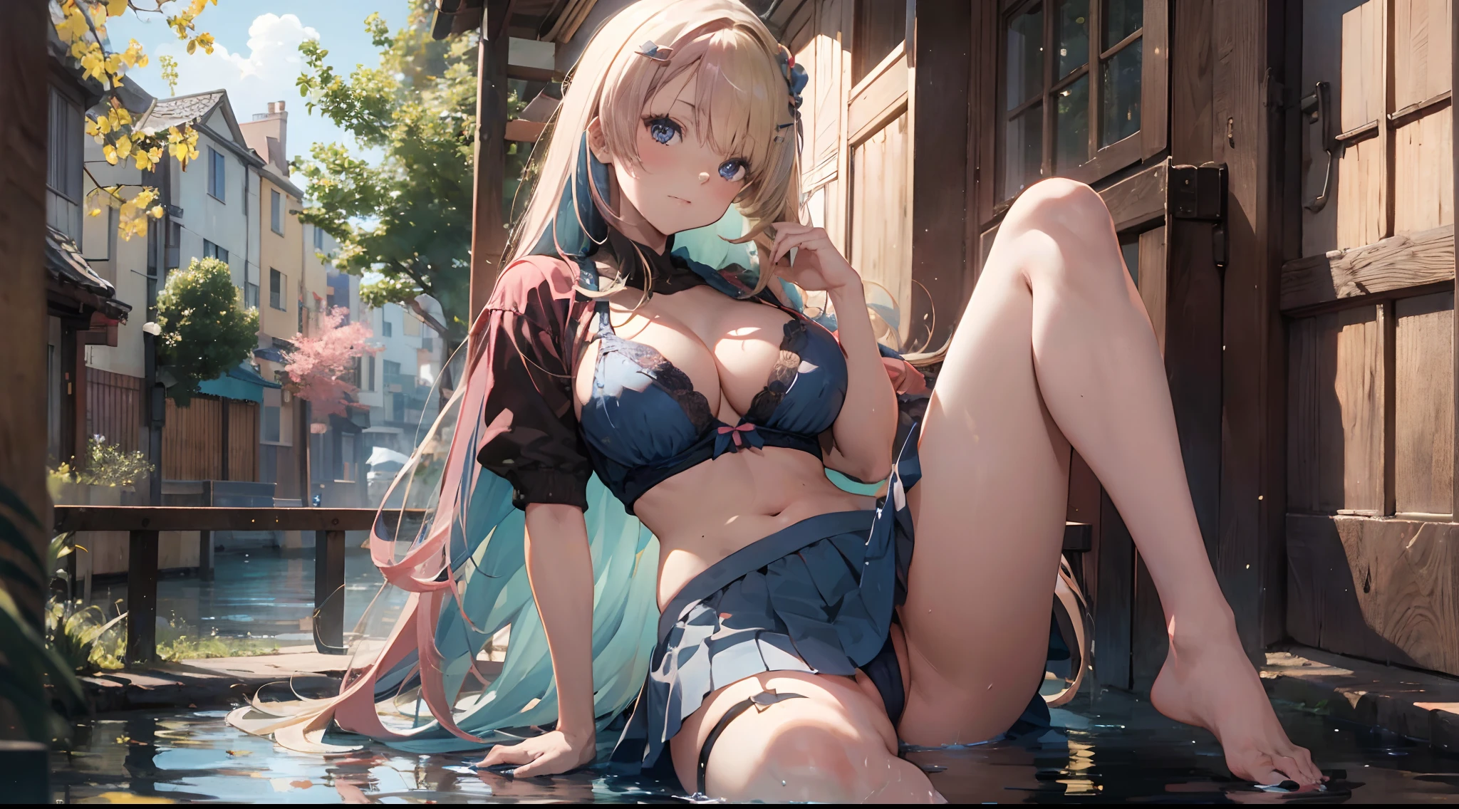 (Enrich the picture,Masterpiece level quality)Beautiful 8K CG artwork,Goddess-like posture,sittinng on the river,Postural exercises,Slim and soft,Translucent skin,Blue hair、The beauty of extra-long hair, Super Long Straight Hair,The skin is fair and juicy,Big breasts lingerie miniskirt uniform,Perspective Part 1.2x enhanced silhouette effect,Exquisite transparent blues pattern in pajamas,The details are intricate and exquisite,The background is slightly blurred,Charming and lustful leg seduction,Drool,K cup big breasts,Blush,Japan goddess,Perfect body slim curves,Scene by the sea,
