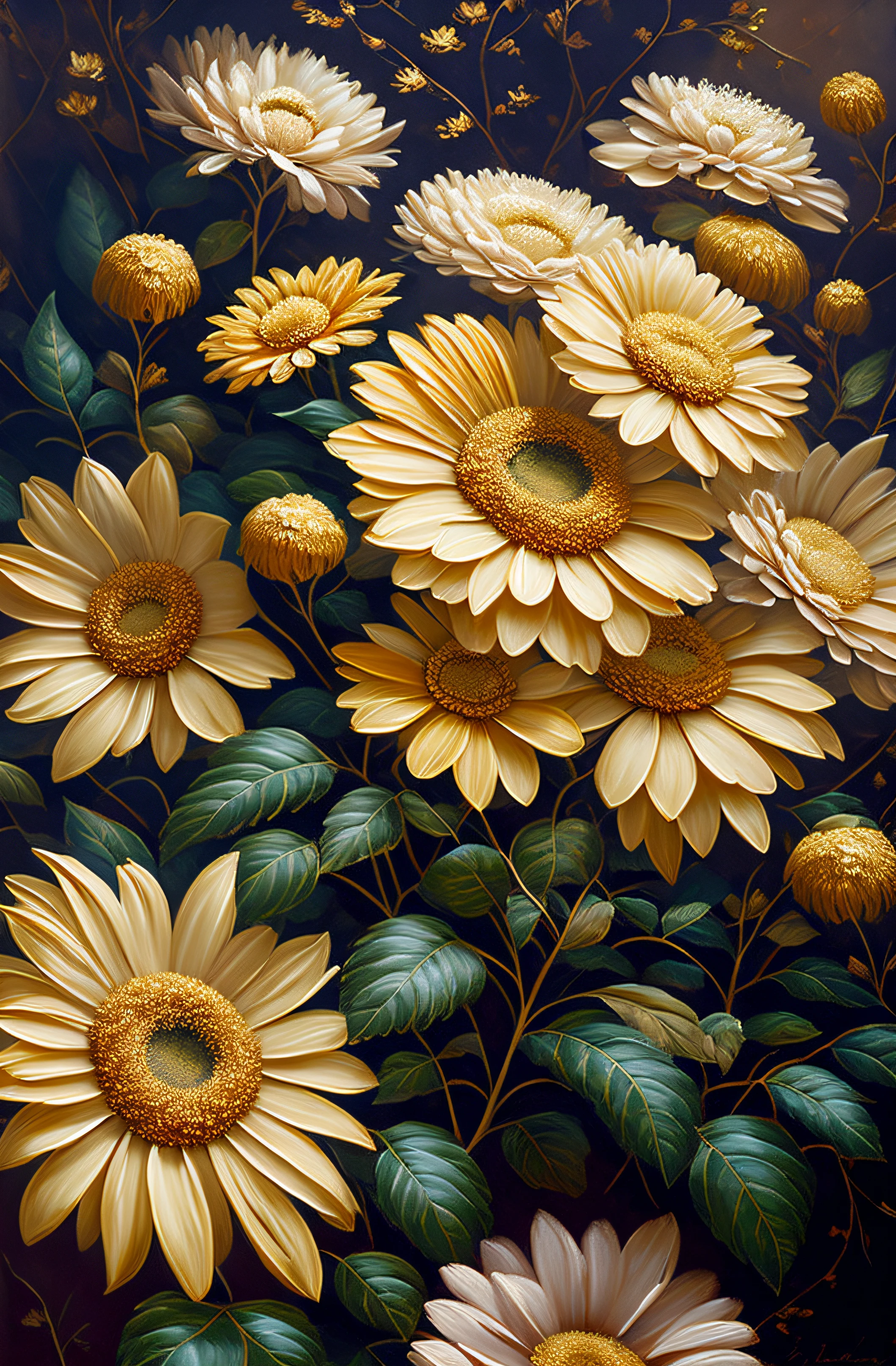 There is a painting of flowers，There are gold and silver leaves，gold flowers，Hydrangeas and chrysanthemums，Flowers and gold，gilded relief，detailed flowers，ornate flowers，Golden flaky flowers，Flowers with intricate details，Chaotic gold leaf flowers，Detailed 4K oil painting，Stunning and rich in detail，gilded with gold。Flowers，Flowers。baroque element，Intricate oil painting