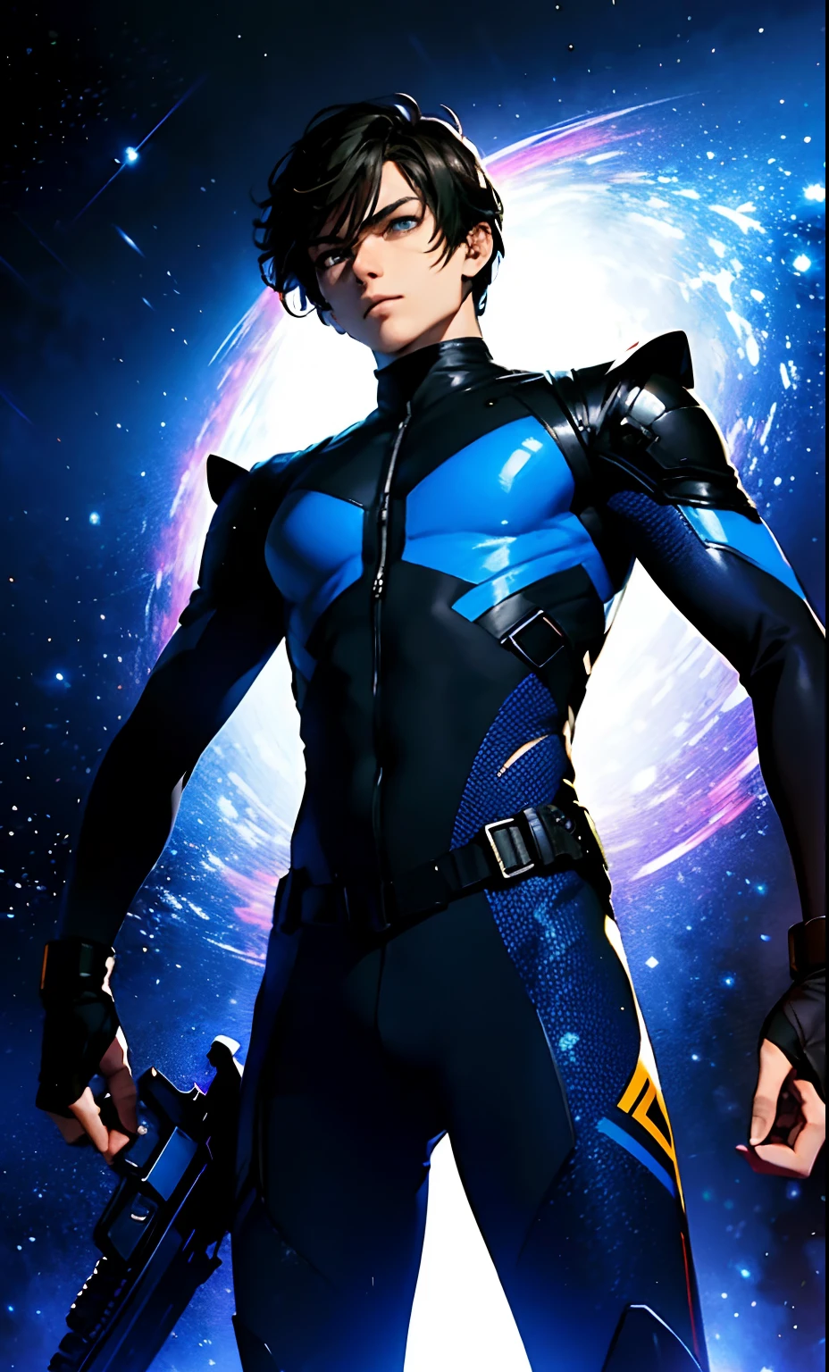 best qualityer，tmasterpiece，Ultimate resolution，downy，Extremely colorful，Colorful, men combatants，a matural male, boy solo, holding gun，Tight combat suit，tightsuit，cosmic background，the night，Normal posture，Normal posture