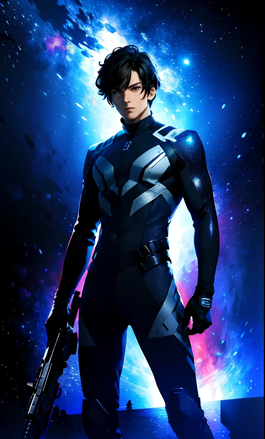 best qualityer，tmasterpiece，Ultimate resolution，downy，Extremely colorful，Colorful, men combatants，a matural male, boy solo, holding gun，Tight combat suit，tightsuit，cosmic background，the night，Normal posture，Normal posture
