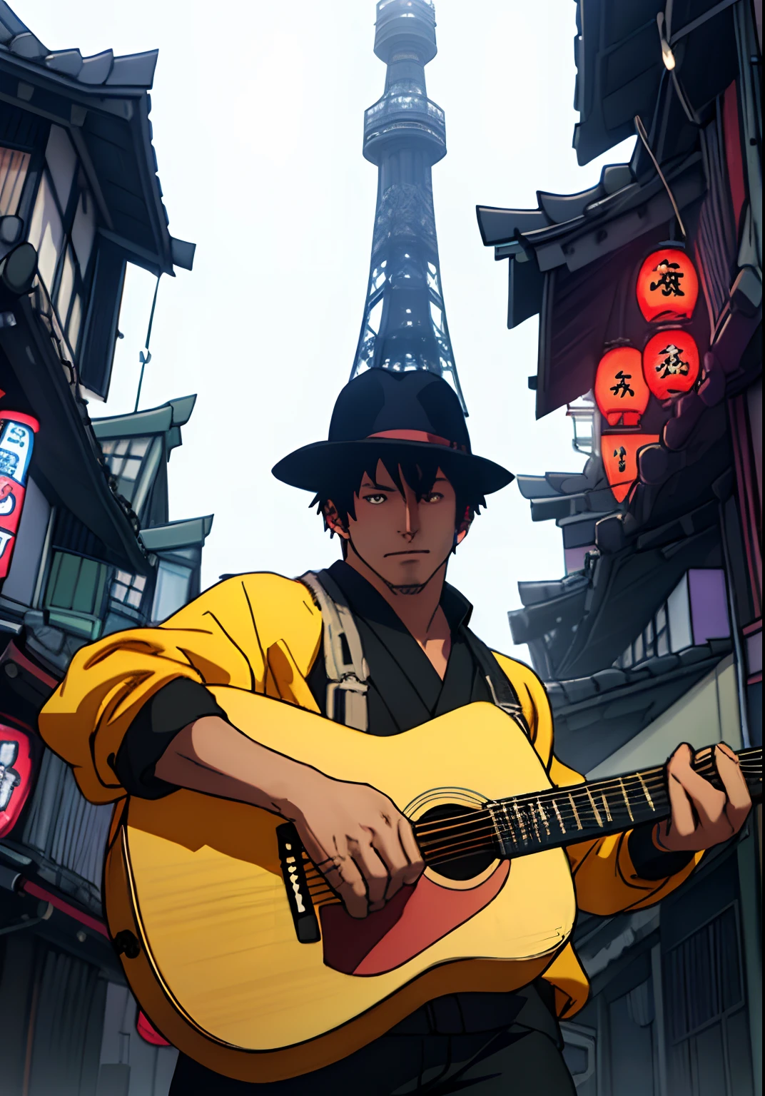 The ultra-detailliert, hight resolution, The ultra-detailliert, top-quality, astonishing, top-quality, Highly detailed CG Unity 8k wallpapers, Cinematic lighting, Cat Fanboy, cyberpunked, dark boy、I have a guitar in my hand、The background is Tokyo Tower