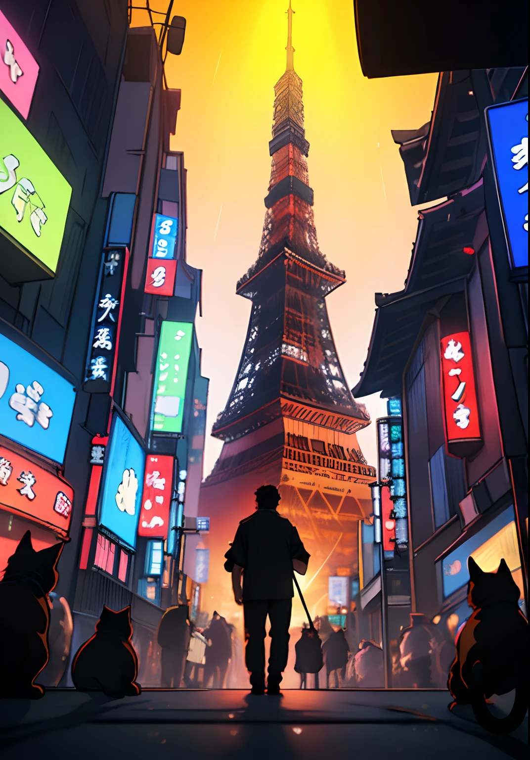 The ultra-detailliert, hight resolution, The ultra-detailliert, top-quality, astonishing, top-quality, Highly detailed CG Unity 8k wallpapers, Cinematic lighting, Cat Fanboy, cyberpunked, dark boy、I have a guitar in my hand、The background is Tokyo Tower