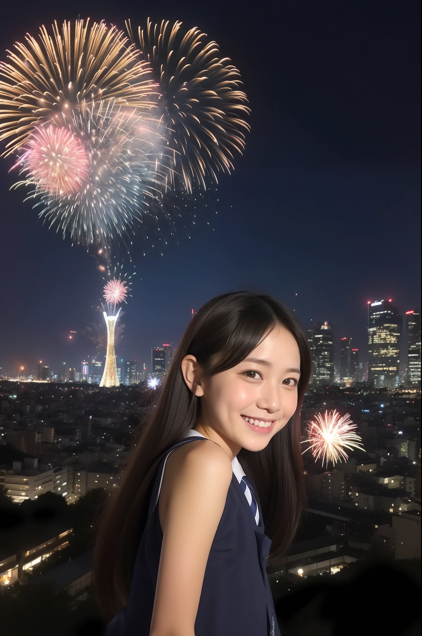 A smile、hi-school girl、校服、While doing fireworks、mare、Tokyo Skytree