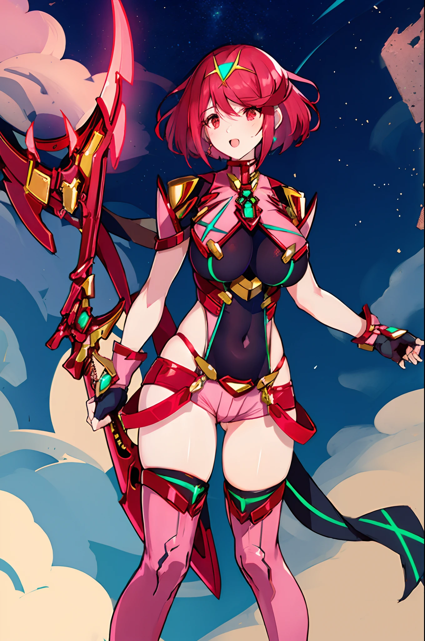 pyra \(xenoblade\), _1girl, armor, bangs, black gloves, breasts, red eyes, closed mouth, earrings, eyelashes, fingerless gloves, floating hair, framed breasts, gem, gloves, hair ornament, headpiece, jewelry, big_breasts, leaning back, leotard, neon trim, official art, pose, red hair, red shorts, saitou masatsugu, short hair, short shorts, short sleeves, shorts, sidelocks, skin tight, solo, standing, swept bangs, thighhighs, tiara, night_prairie_background, turtleneck, underbust, vambraces, xenoblade chronicles \(series\), (xenoblade chronicles 2), apart_legs, fire_effect,dynamic_pose,fighting,light_smile, (plump:1.1), big_ass,huge_sword, hold_large_sword_hilt, solo, covered_nipples, covered_pussy,open_mouth,back_view, fists,