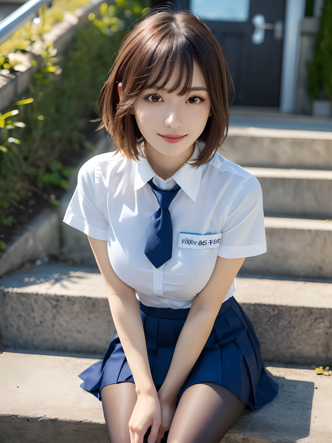masutepiece, Best Quality, japanaese girl,1girl in, 8K, Raw photo, top-notch quality, masutepiece, nffsw:1.2, exceptionally detailed RAW color photo, professional-grade photograph, (Realistic, Photorealistic:1.37), (highly detailedskin:1.2), Ultra-high resolution, (lenz 50mm), (F/1.2),Exquisitely Detailed Eyes,Staring at the viewer,
break
With 1 girl (There are many elderly people:1.4), Beautiful face, kawaii,(Smile:1.05),(20yr old, Large breasts, The constriction is beautiful、big breasts thin waist,Straight hair, (Short hair), Black eyes, white fine skin,small mouth, high cheekbones (Definition), Sexy Pose,(Leaning forward:1.3),(The to the FW:1.1),White panties、Korean Idol、Nogizaka Idol、hposing Gravure Idol、Adults、女優、(masutepiece, top-quality:1.3), (Ultra detailed 8K cg:1.2), (hyper realisitic:1.35), (Photorealistic:1.45), (Realistic:1.4), Cowboy Shot,
1 beautiful Japanese girl, 22 years old, super model, Japanese Idol, __expression__, Large breasts, (sitting on stairs:1.1), (School uniform:1.4)
(stairs at school:1.1),(Black pantyhose)、(Simple white collar short sleeve shirt)、(Schoolgirl in the background)