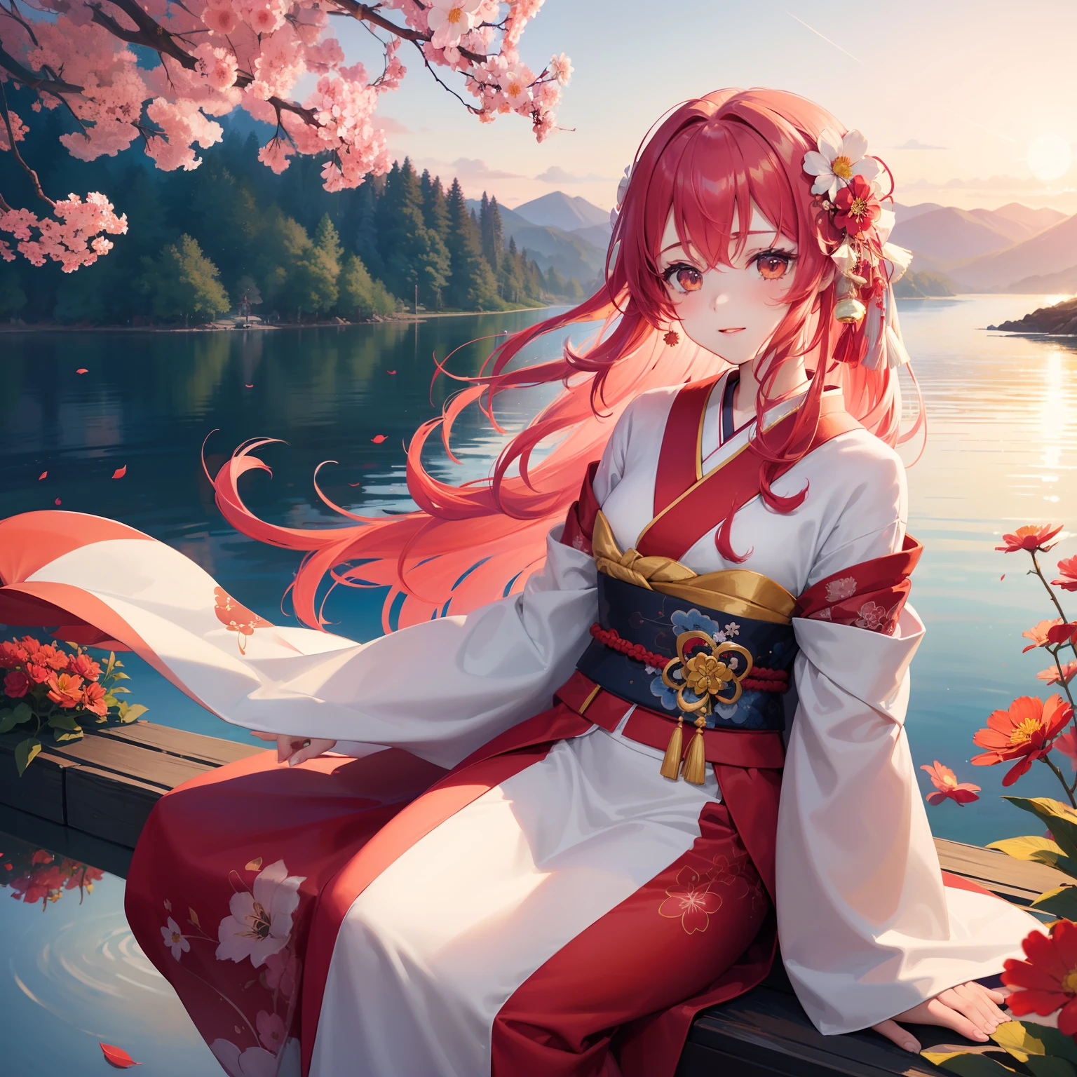 (Beautifully Aesthetic:1.2)、(1girl in:1.3)、(Red and white colorful hair:1.2)、Wearing a colorful kimono in white and pink、cosmos、Cosmos flowers are blooming、Autumn twilight、lake、Fantastic space、Sunset、