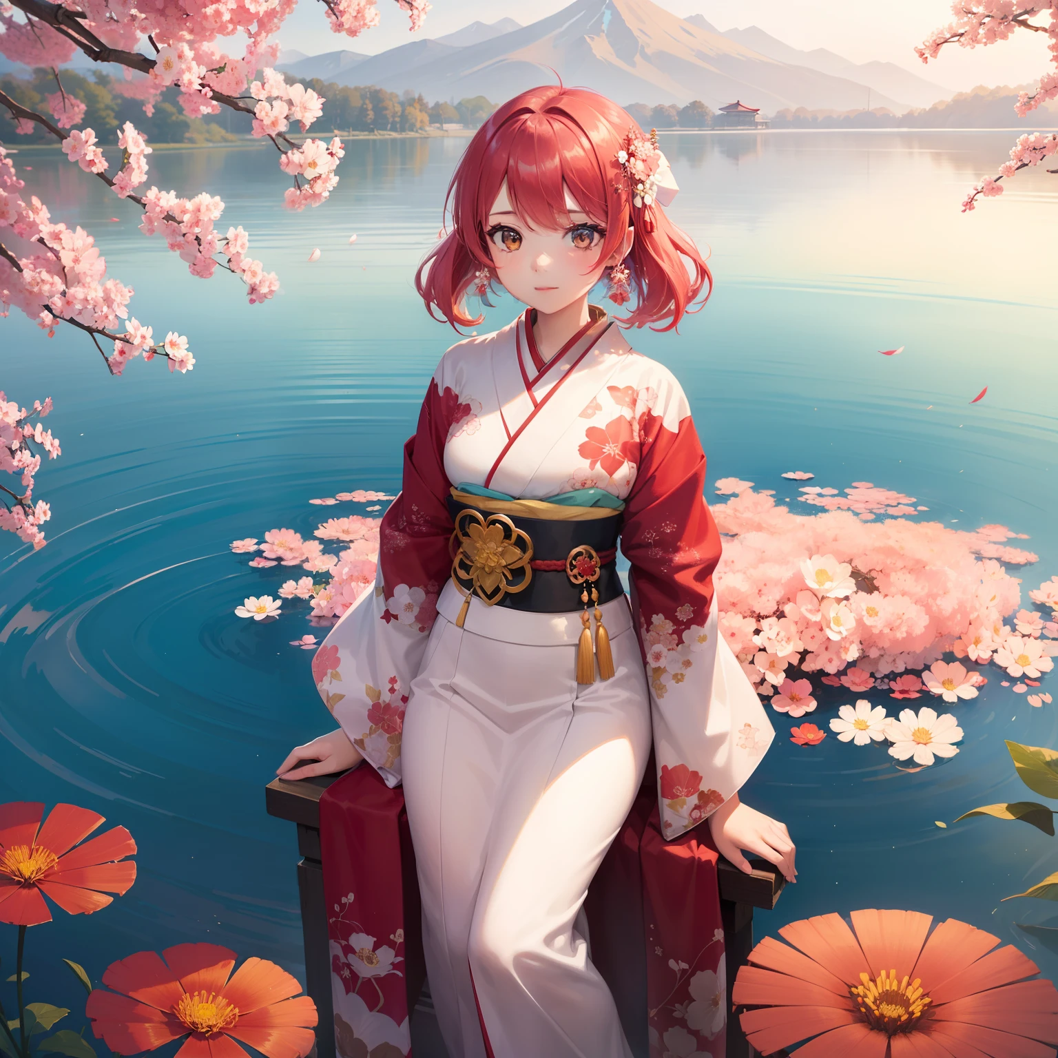 (Beautifully Aesthetic:1.2)、(1girl in:1.3)、(Red and white colorful hair:1.2)、Wearing a colorful kimono in white and pink、cosmos、Cosmos flowers are blooming、Autumn twilight、lake、Fantastic space、Sunset、