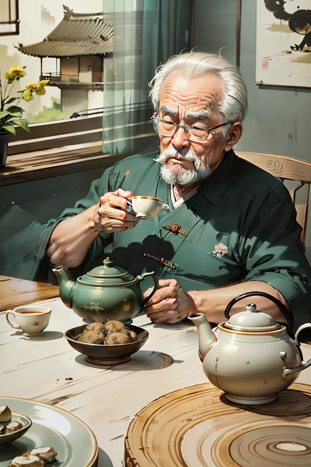 Old man drinking tea,The cat sleeps at its feet,Kind old man alone,Handshake fan,laying on the chair,There is a teapot on the table,Laid back,夏天,solid color backdrop,chineseidol,Rustic character,Chinese style buildings,Chinese teacup,Tanuki cat