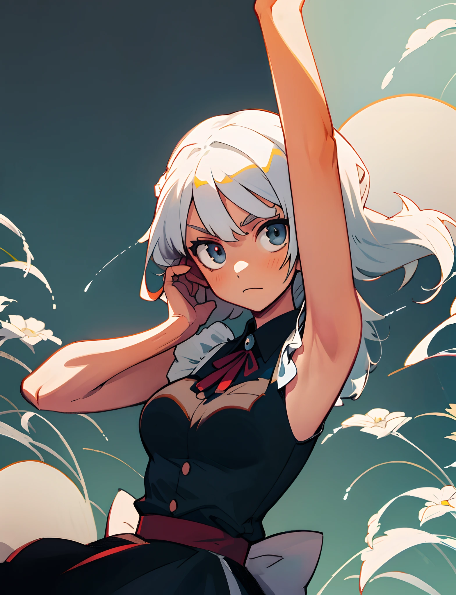 masterpiece, best quality, dusk, arms up, armpits, wallpaper, maid, white hair, caught, wakamezake,