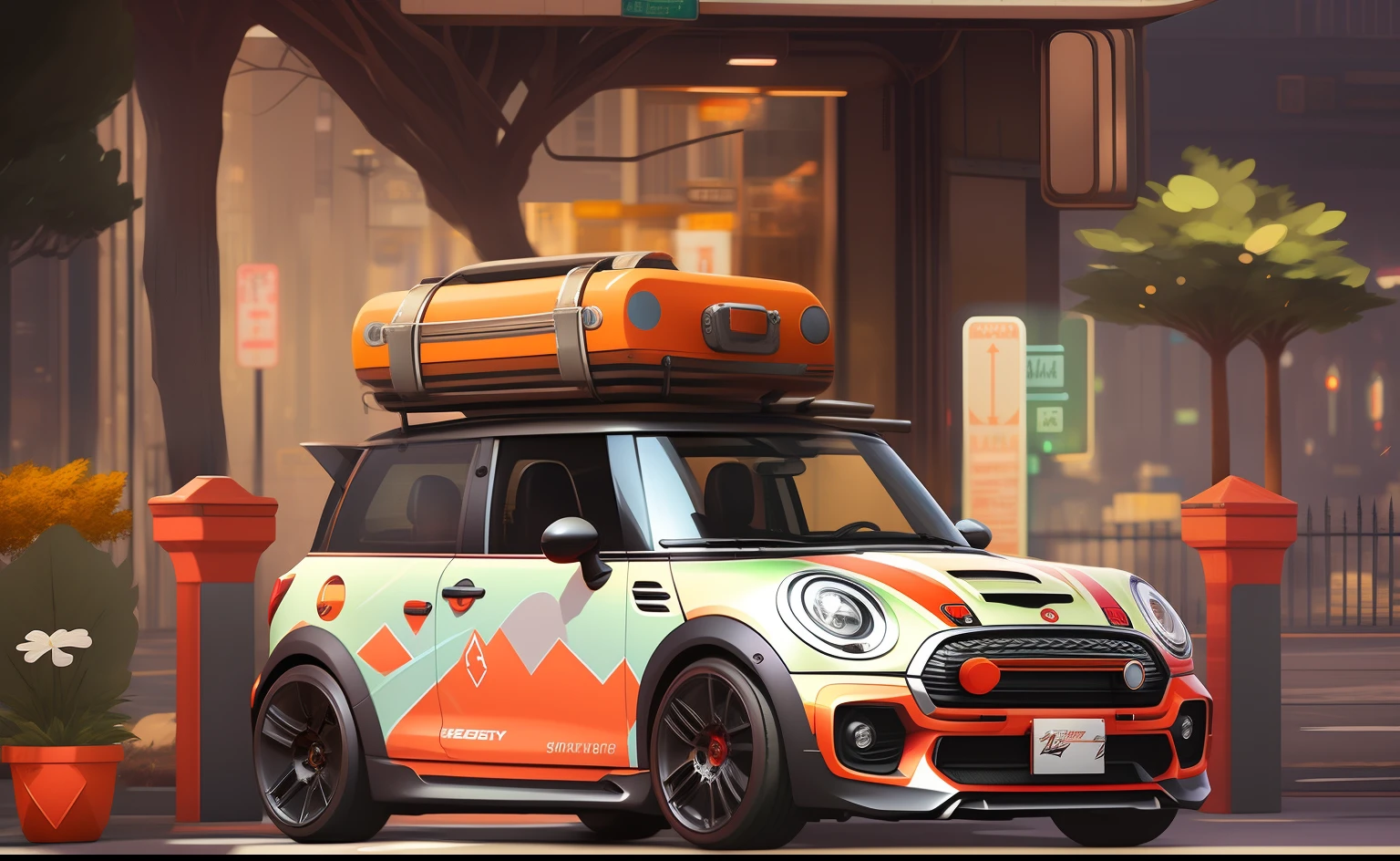 There is a small cart with luggage on it, anime art vehicle concept art, anime car wrap, GTA V artwork style, stunning art style, eye-catching detailed art style, Mini Cooper S, digital painting highly detailed, Stylized digital illustration, gta artstyle, car concept art, concept art style, cartoon digital painting, Mini. Abstract illustration