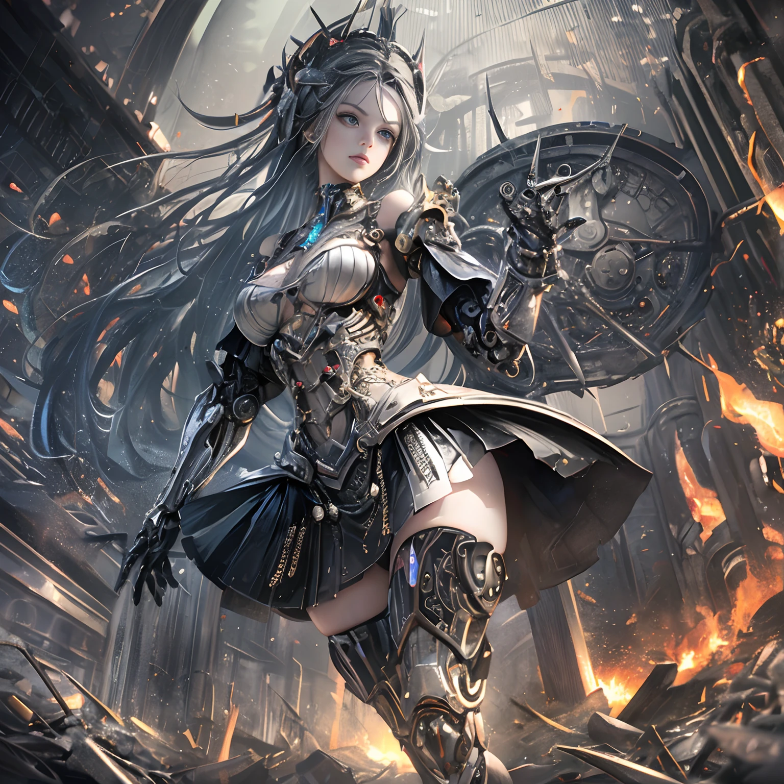 (((masutepiece, of the highest quality, super detailed))), ((Ultra-Photorealistic 3D)), Complex mechanical cyborg girl, Skeleton body, Dynamic combat action poses, Off-the-shoulder fashion fused with detailed and intricate steampunk and detailed gothic ta, Complex steampunk headgear, very thin long legs, Complex mechanical boots above the knee, Fluttering lace flared mini skirt, beautiful small breasts directed upwards, Quite a long vertical car, (((( Highly detailed face))), small thin nose, Small thin lips mouth, (((Very sharp focused eyes))), Very large slit precision pale grey eyes that shine like jewels. very long eyelashes, Silver hair swaying in the wind, Emitting a dazzling light in a mandala pattern, Lots of neon lights cross and splash, Extremely complex giant mechanical weapons, Complex mechanical factory bursting into flames, Very dark night background, Very dramatic and cinematic lighting, (((A dramatic leap in overall accuracy, Create ultra-detailed and realistic images))).