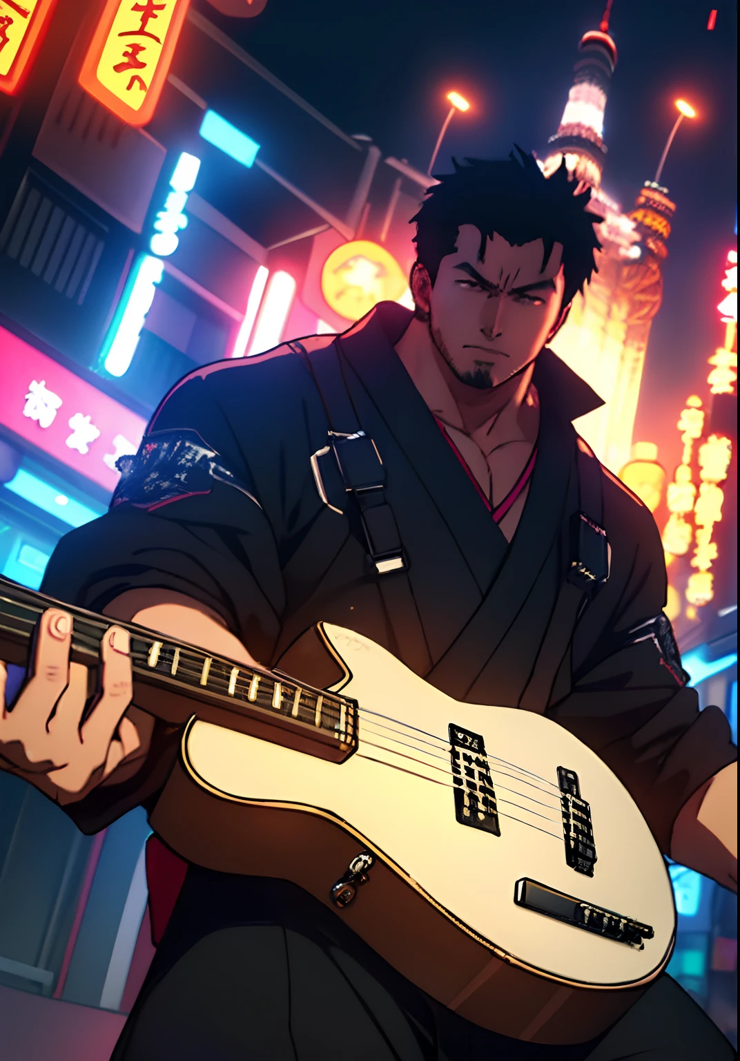 The ultra-detailliert, hight resolution, The ultra-detailliert, top-quality, astonishing, top-quality, Highly detailed CG Unity 8K wallpapers, Cinematic lighting, cyberpunked, dark boy、I have a guitar in my hand、The background is Tokyo Tower、Cool face、a handsome