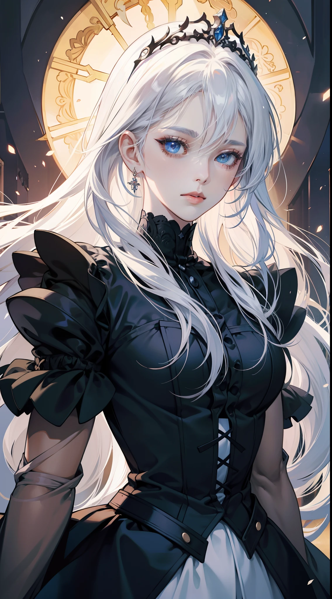 white hair, hair spread out, expressive hair, tiara, jewelry, anime, Gothic art, anime style, cinematic lighting, anatomically correct, super detail, high details, award winning, best quality
