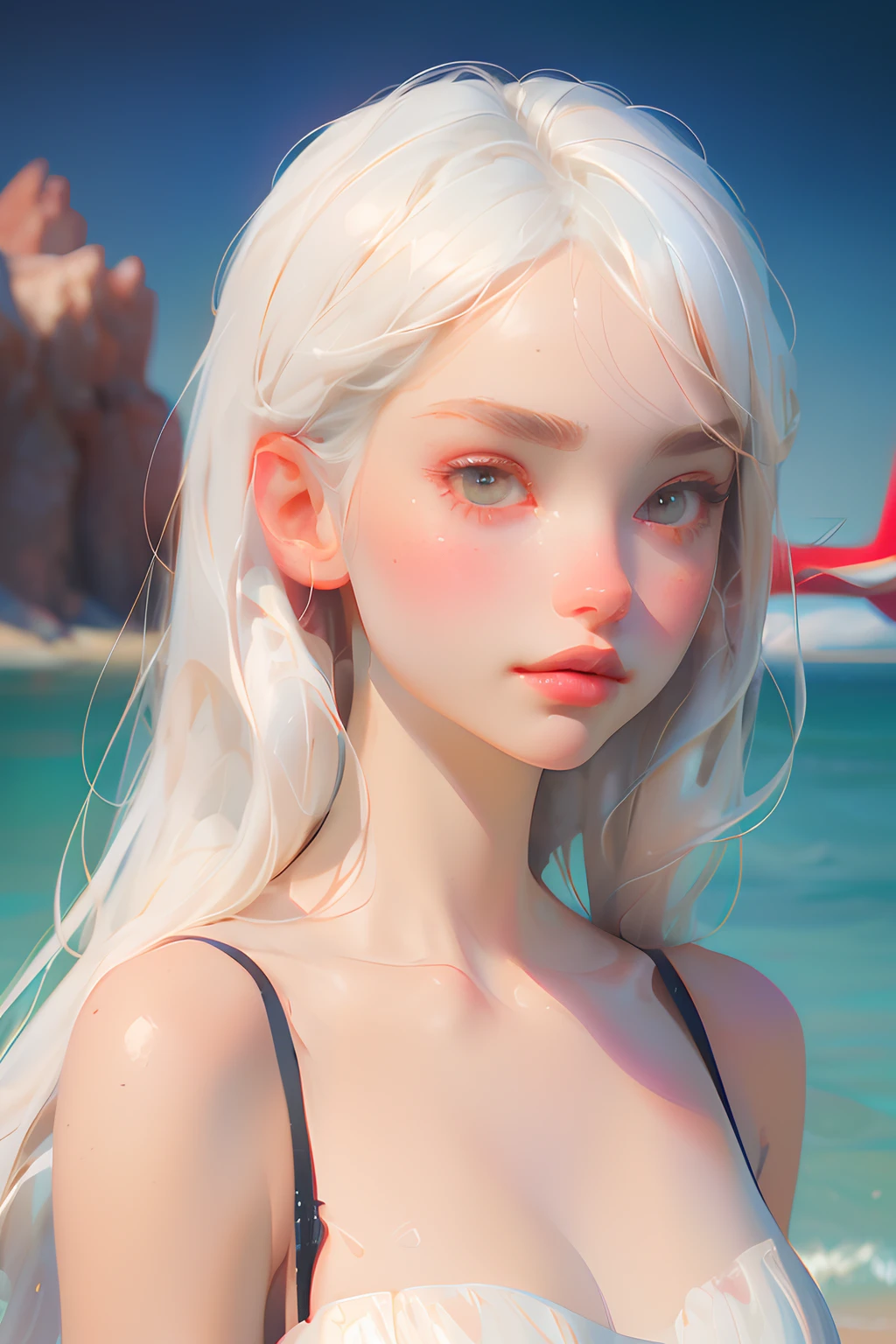 The perfect masterpiece,Highest quality,Perfect artwork,8K, Upper Body Lens,front portrait,Delicate face,Face Close-up,Watching the audience, Mermaid Girl,white hair,Red background, Digital Art,plane illustrations,colorful illustration,minimalist style,anime cartoon style,