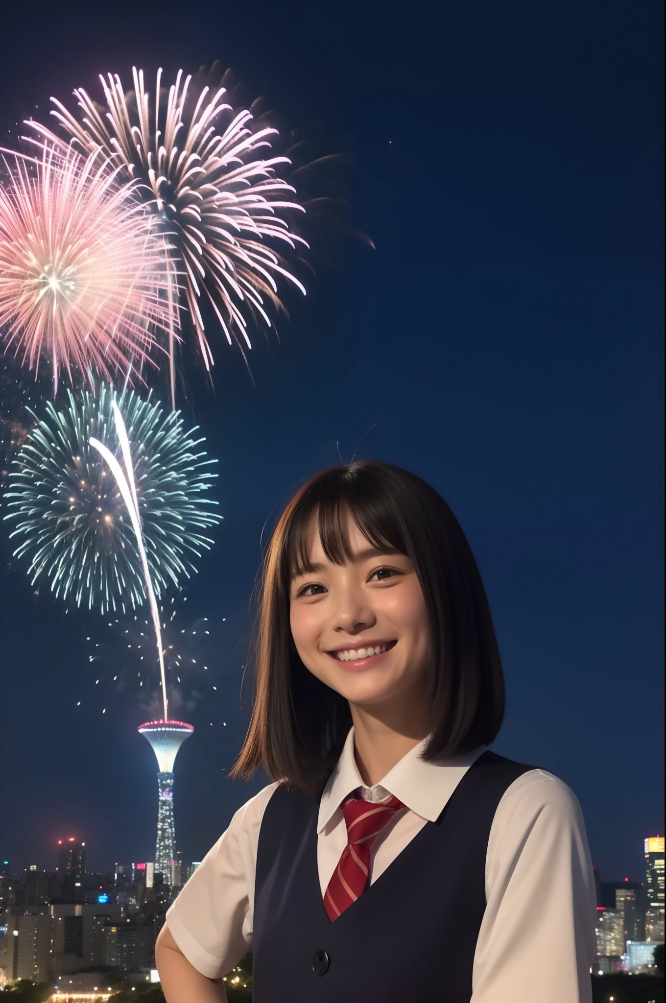 A smile、hi-school girl、校服、While doing fireworks、mare、Tokyo Skytree