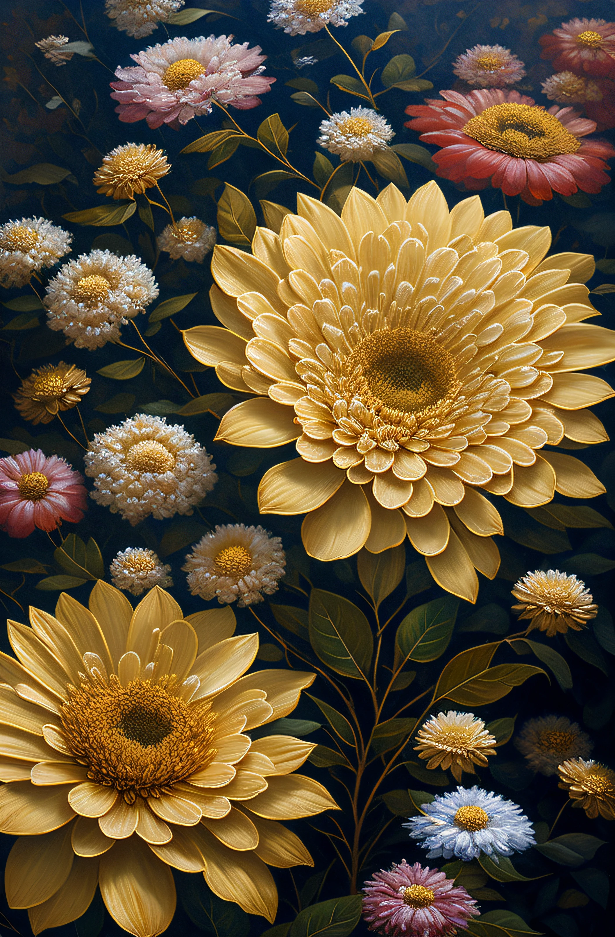 There is a painting of flowers,There are gold and silver leaves,gold flowers,Hydrangeas and chrysanthemums,Flowers and gold,gilded relief,detailed flowers,ornate flowers,Golden flaky flowers,Flowers with intricate details,Chaotic gold leaf flowers,Detailed 4K oil painting,Stunning and rich in detail,gilded with gold。Flowers,Flowers。baroque element,Intricate oil painting
