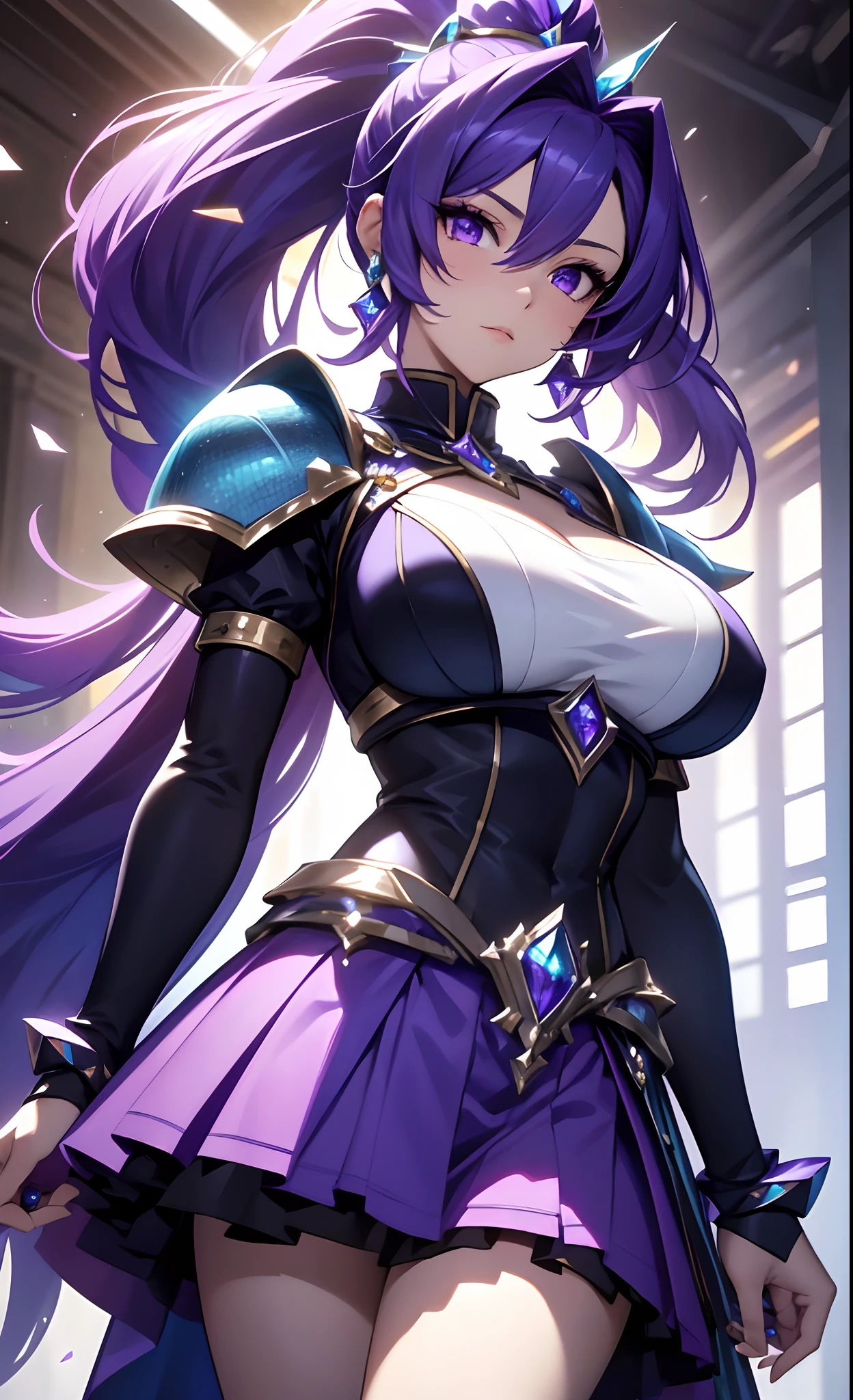 best qualityer,tmasterpiece,Ultimate resolution,downy,Extremely colorful,Colorful,Lady Knight,Royal Sister,Blue-purple armor skirt,Full body set with gemstones,amethyst,huge tit,(Short thin purple hair,High ponytail),Shield set with precious stones,jewelry,Pedras preciosas,Normal posture