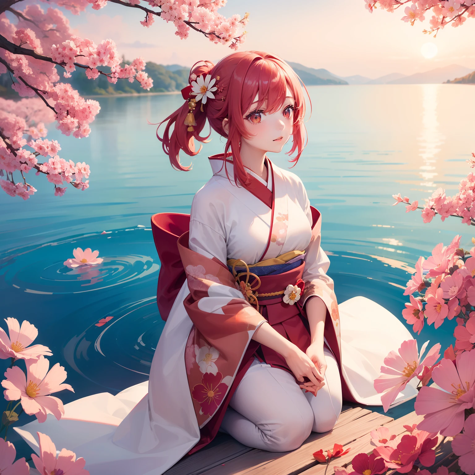 (Beautifully Aesthetic:1.2)、(1girl in:1.3)、(Red and white colorful hair:1.2)、Wearing a colorful kimono in white and pink、cosmos、Cosmos flowers are blooming、Autumn twilight、lake、Fantastic space、Sunset、