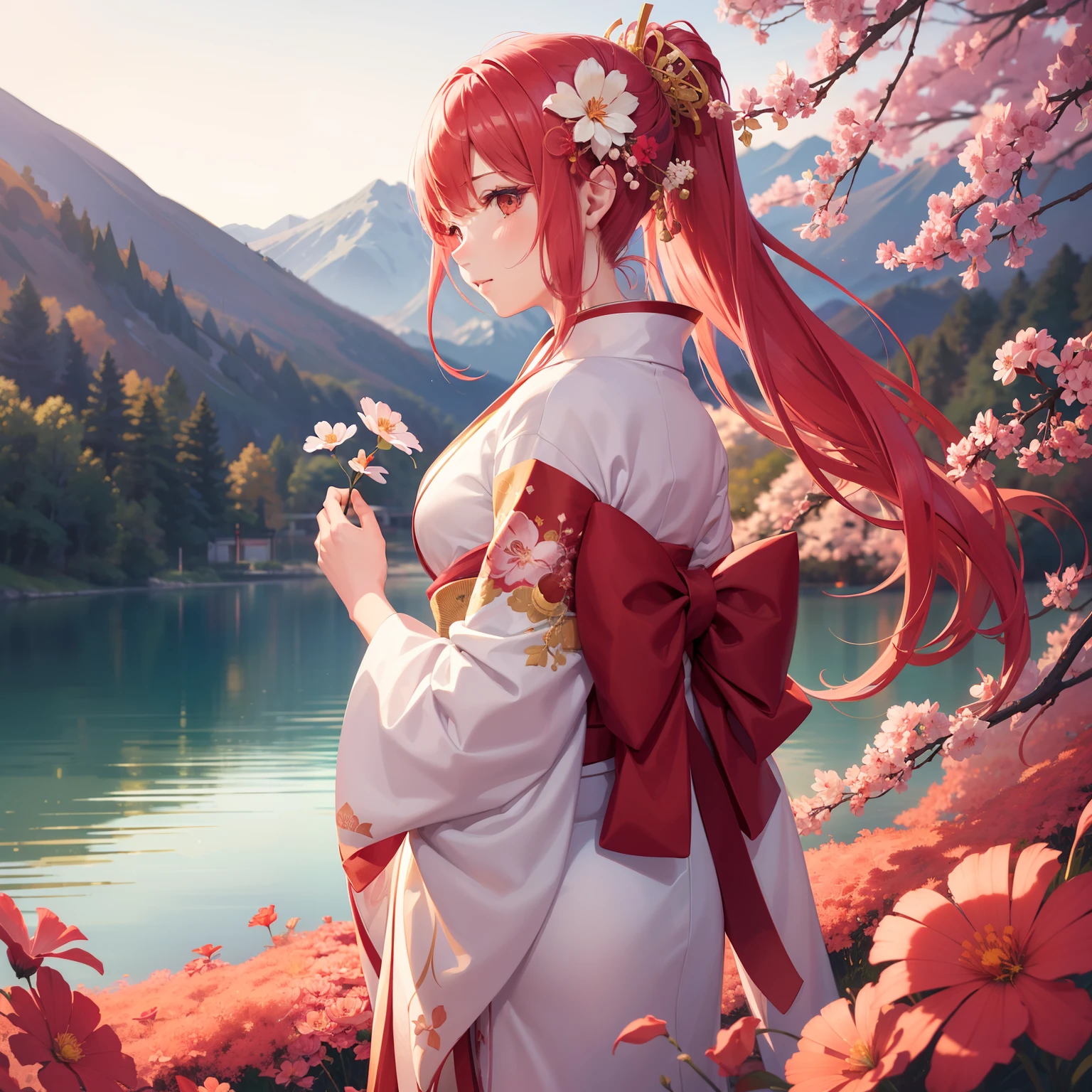(Beautifully Aesthetic:1.2)、(1girl in:1.3)、(Red and white colorful hair:1.2)、Wearing a colorful kimono in white and pink、cosmos、Cosmos flowers are blooming、Autumn twilight、lake、Fantastic space、Sunset、