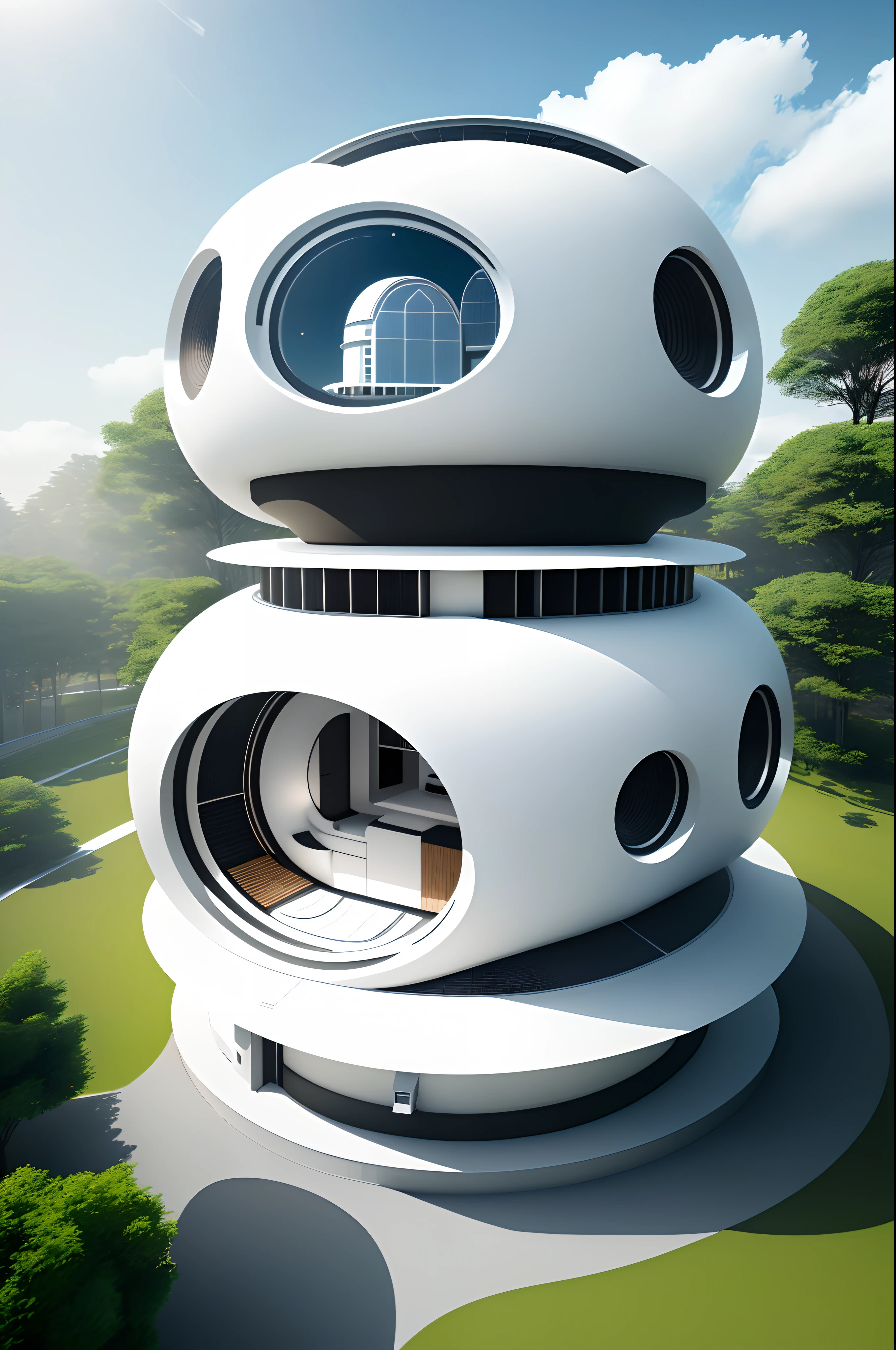 semi-spherical exterior home,  modern architectural design, more forms and functions, new scientific home, high solar energy technology,  white color and metallic, forest, daylight, sky, white cloud, realistic, photorealistic, futuristic, 8K, masterpiece, best quality, high resolution, extremely full detailed,