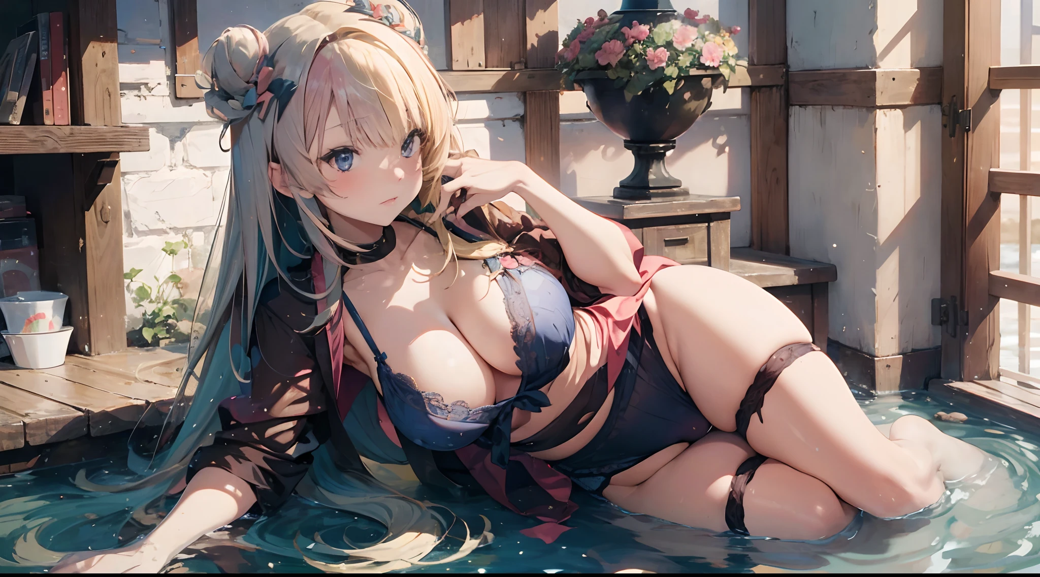 （Enrich the picture，Masterpiece level quality）Beautiful 8K CG artwork，Goddess-like posture，sittinng on the river，Postural exercises，Slim and soft，Translucent skin，Blue hair、The beauty of extra-long hair, Super Long Straight Hair，The skin is fair and juicy，Big breasts lingerie miniskirt uniform，Perspective Part 1.2x enhanced silhouette effect，Exquisite transparent blues pattern in pajamas，The details are intricate and exquisite，The background is slightly blurred，Charming and lustful leg seduction，Drool，K cup big breasts，Blush，Japan goddess，Perfect body slim curves，Scene by the sea，