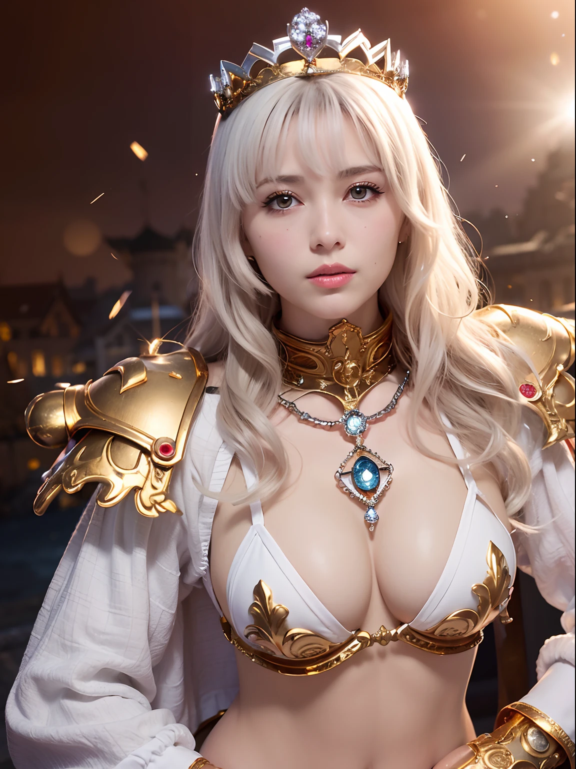 (masutepiece), Professional , masterpiece、top-quality、photos realistic , depth of fields (Gemstone Silver Metal Body:1.9),(Matte White、Particles of light、Jewel Gold Weapon、(Gorgeous castle background)、(White Micro Bikini)(Jewel Metal Body:1.4),Gorgeous Jewel Metal Weapons , Detailed Sword of the Brave ,( Soldier background in metal armor) ,warhammer 40k , adepta sororitas,Detail and ornate jewel crown、独奏、Black hair、(Gangle's forest background)、Beautiful Caucasian beauty、1a person、dynamic ungle,(((Diamond tiara with detail and luxury)))、a small face、A smile、Powerful poses、(Gorgeous castle background)、huge-breasted、20 year old beautiful woman、Stand in the center of the screen、Thin female fingers、Smaller head、