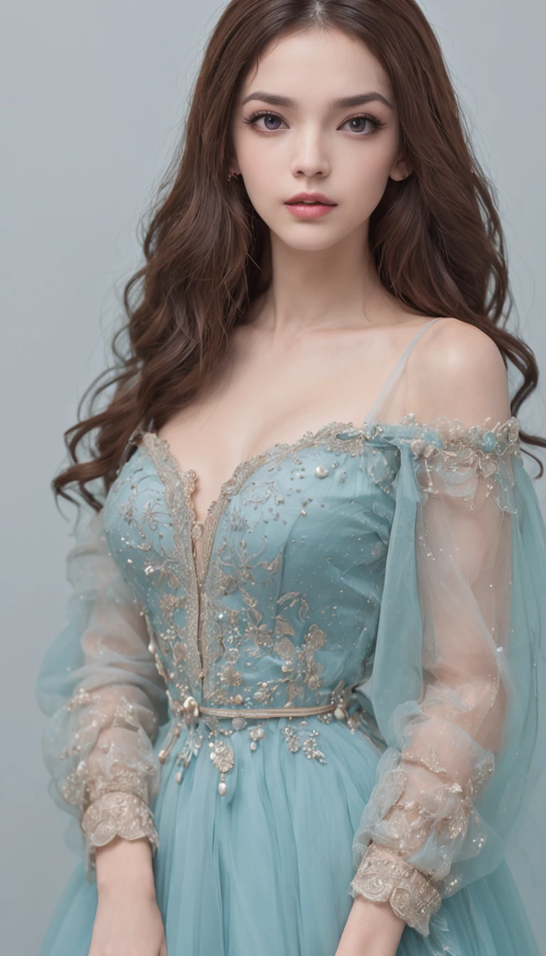 best qualtiy，tmasterpiece，k hd，1girll，(Full body photo，????? through), Nice face，(Slim，Raised sexy)，Cold and glamorous，cropped shoulders，nabel，cabelos preto e longos，hair adornments，(slender leg，Cross ed leg), Cyan-pink tulle dress，Oriental antique，Beautiful teenage girl，Ethereal dreams，Beautiful goddess，Detailed scenes, Eye-catching accessories, Picturesque, ((From below))