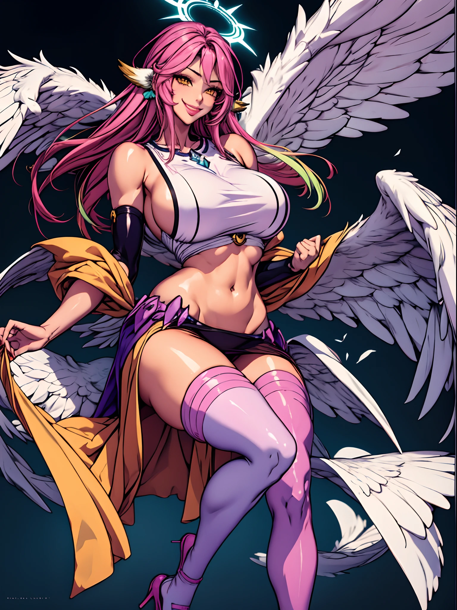 jibril 1girl, solo, long hair, breasts, sideboob, halo, pink hair, pink stocking, low wings, compass rose halo, wings, navel, book, gloves, bird ears, midriff, magic circle, asymmetrical legwear, angel, angel wings, animal ears, very long hair, yellow eyes, white wings, large breasts, mismatched legwear, single shoe, feathered wings, orange eyes, shoes, multicolored eyes, thighhighs, crop top, cross, multicolored hair, gradient hair, looking at viewer,, smile , levitate, flying