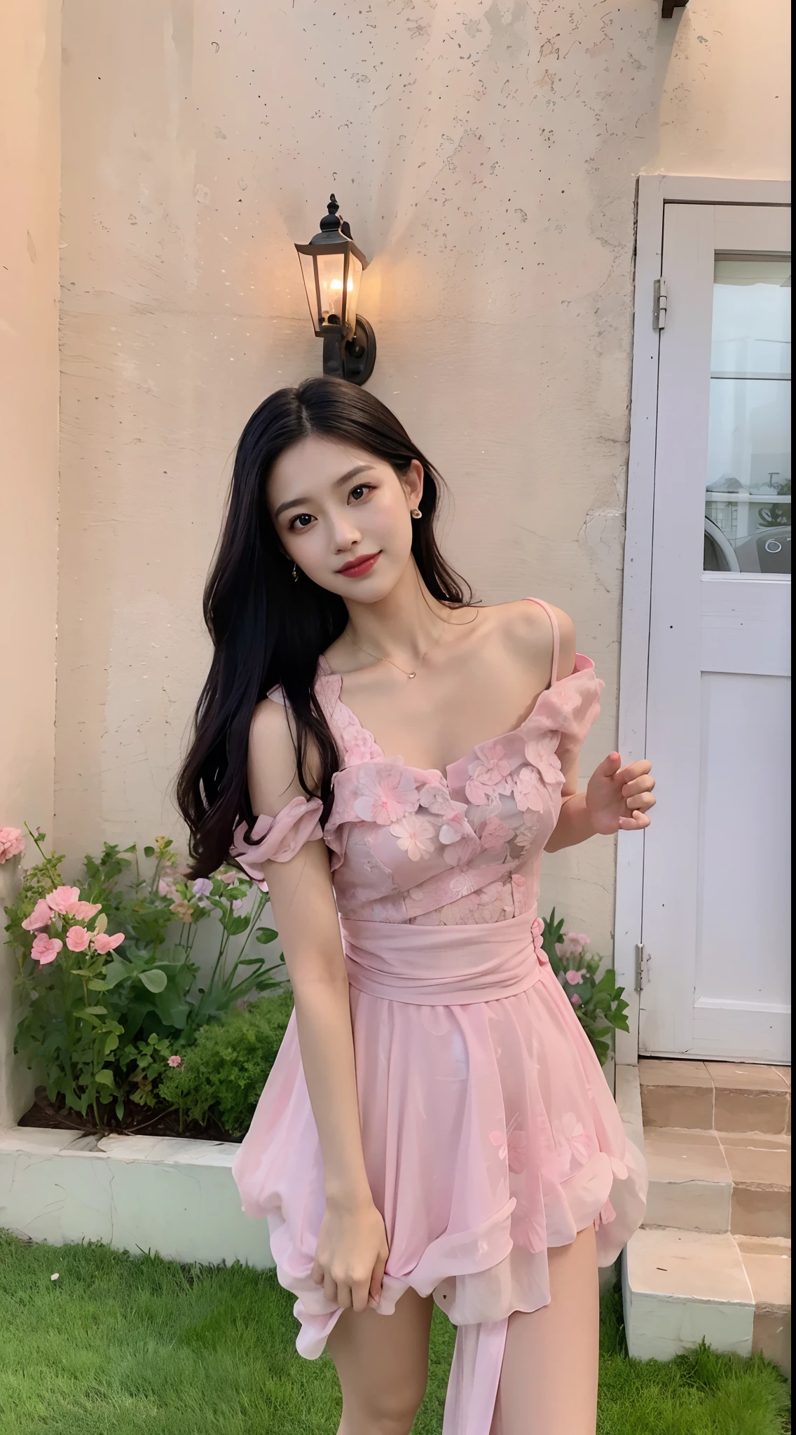 Alafi woman in pink dress standing in front of the house, Pink dress, wearing a pink dress, Wearing a pink dress, wearing pink floral gown, Romantic dress, Dressed in elegant dresses, Gorgeous lady, 8K)), shaxi, with a thin waist, xintong chen, wearing a pink ballroom gown, cute beautiful
