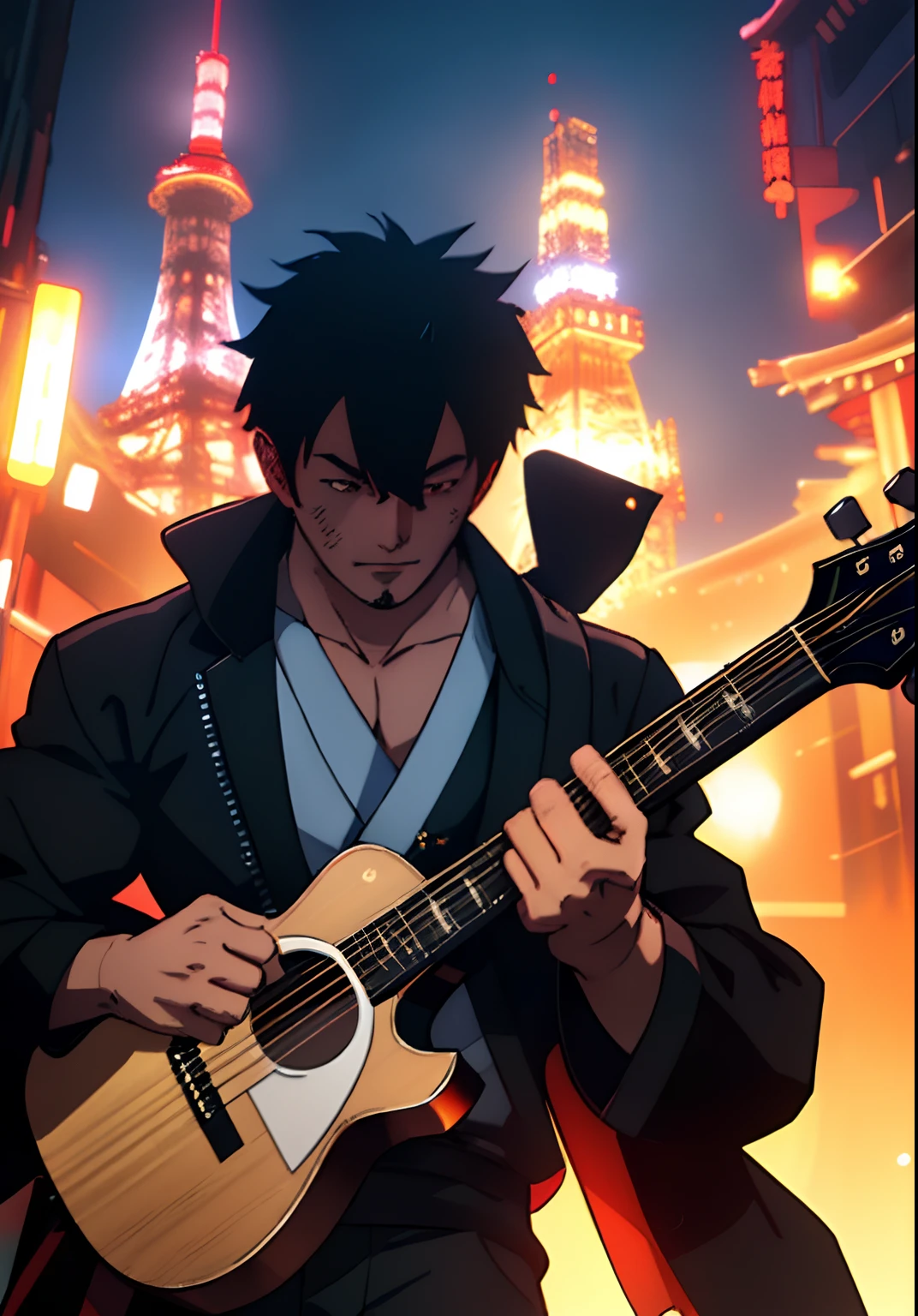 The ultra-detailliert, hight resolution, The ultra-detailliert, top-quality, astonishing, top-quality, Highly detailed CG Unity 8K wallpapers, Cinematic lighting, cyberpunked, dark boy、I have a guitar in my hand、The background is Tokyo Tower、Cool face、a handsome