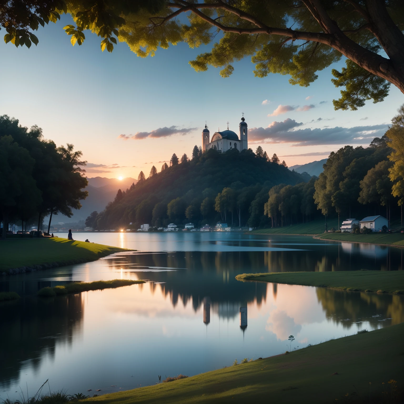 Paisagem com duas casinhas ao fundo,e uma igreja, linda paisagem de campo, campo de futebol ao fundo, pequeno lago , rio, sol ao anoitecer, estrada asfaltada, some trees.