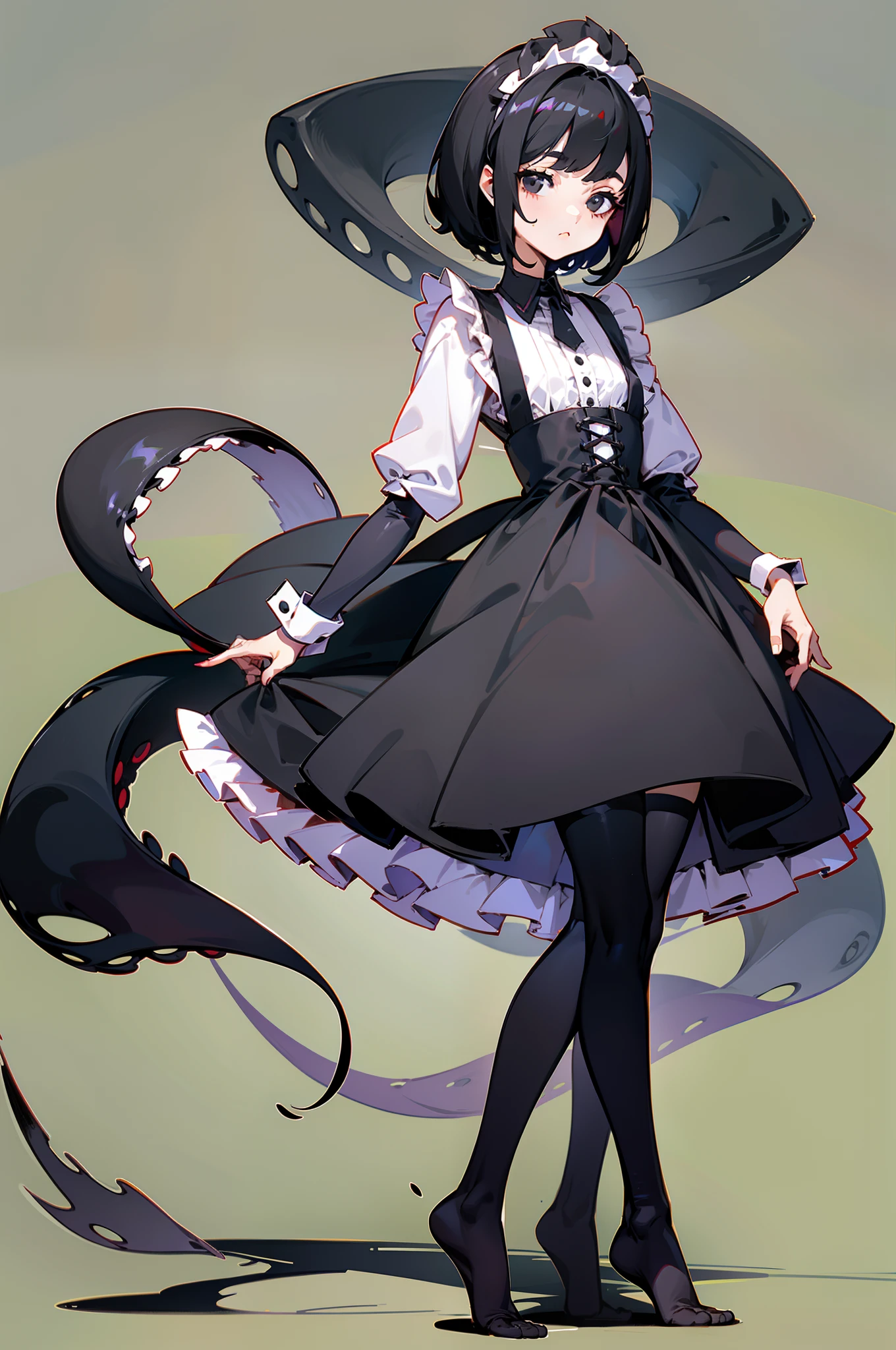 A girl,with short black hair,(the maid outfit),Completely black eyes,Three nil,black shadows,tentaculata,blacksilk,without wearing shoes,Side light,Standing drawings of characters,4K,quadratic element