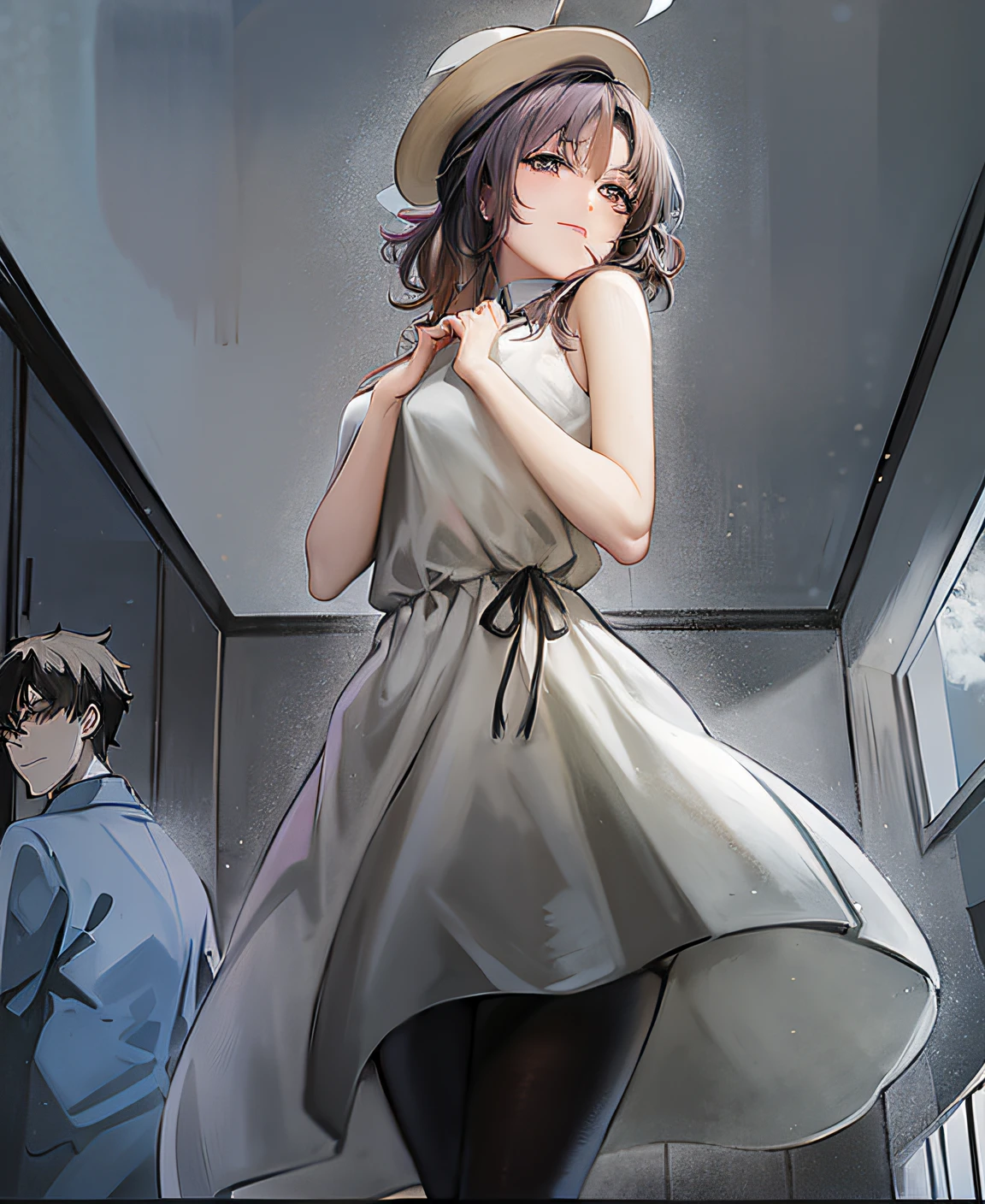 Anime image of a woman in a dress and hat standing in a room, anime visual of a young woman, Yandere. Tall, saori, illustrious makinami, anya from spy x family, haibane renmei, tsubasa nakai's style, Floor plan about the《Ishida art manga》, Female protagonist 👀 :8, li in dress, coloured manga scan