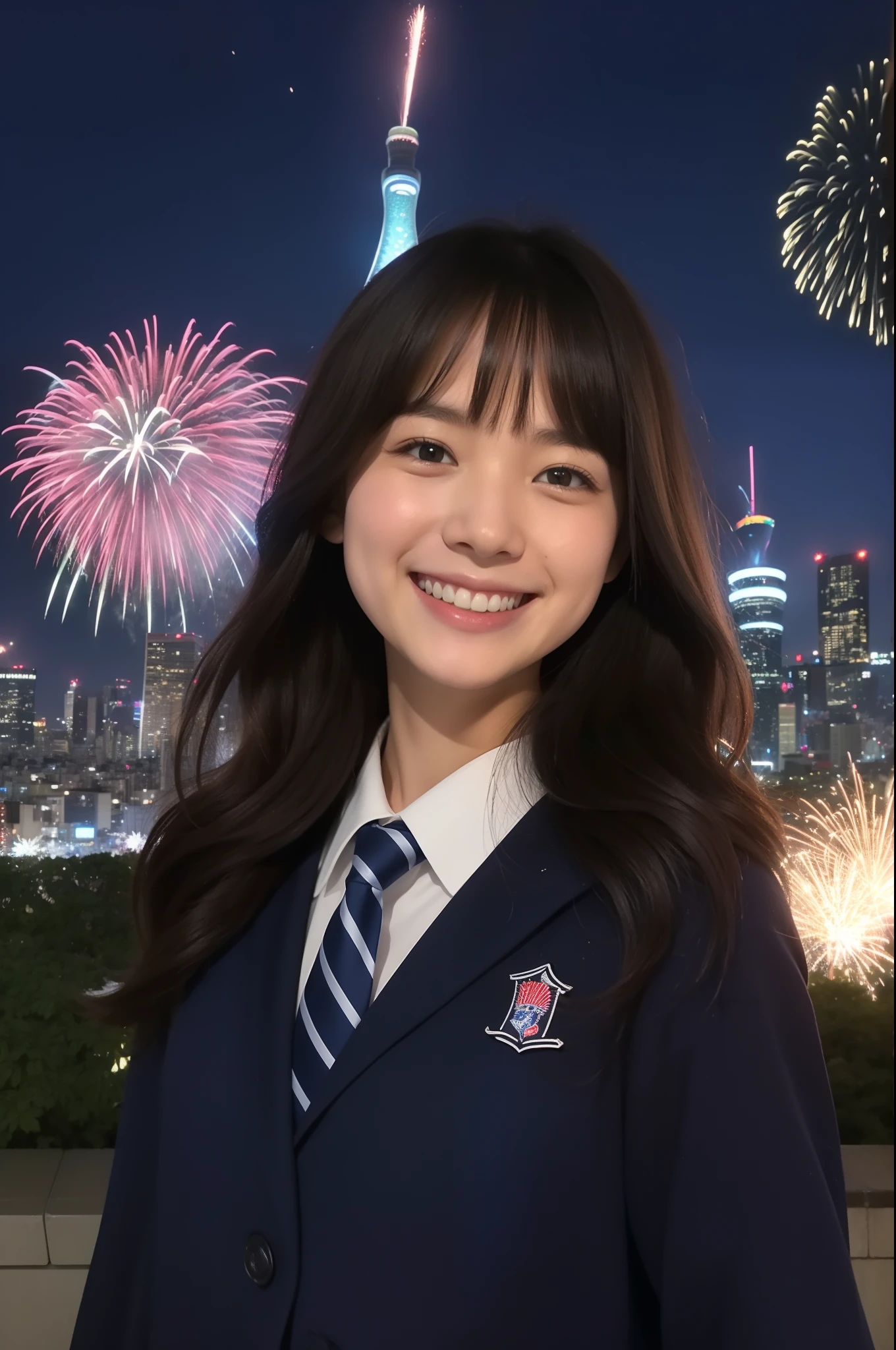 A smile、hi-school girl、校服、While doing fireworks、mare、Tokyo Skytree
