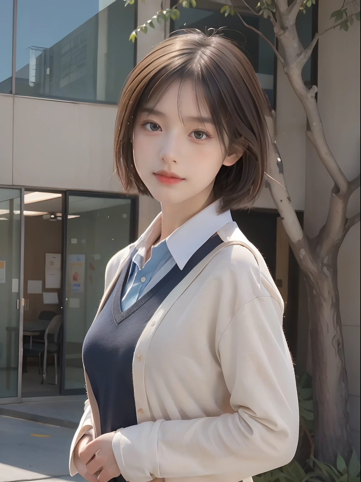 Best quality, Masterpiece, 超A high resolution, (Photorealistic:1.4), RAW photo, 1girll,school uniform, Short hair,, (Masterpiece, Best quality, High quality, A high resolution, Ultra-detailed),