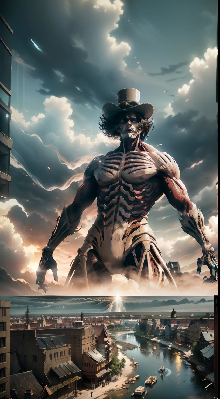 Imagine Giant Brook in "Attack on Titan": His expansive, ethereal presence stands out. Towering with his skeletal figure, top hat, and big curly hair, Brock's exuberant spirit endures. He's a huge musician, infusing chaos with bravura melodies.extremely detailed, ultra hd, hdr, 8k, cinematic, dramatic lighting ray tracing reflections