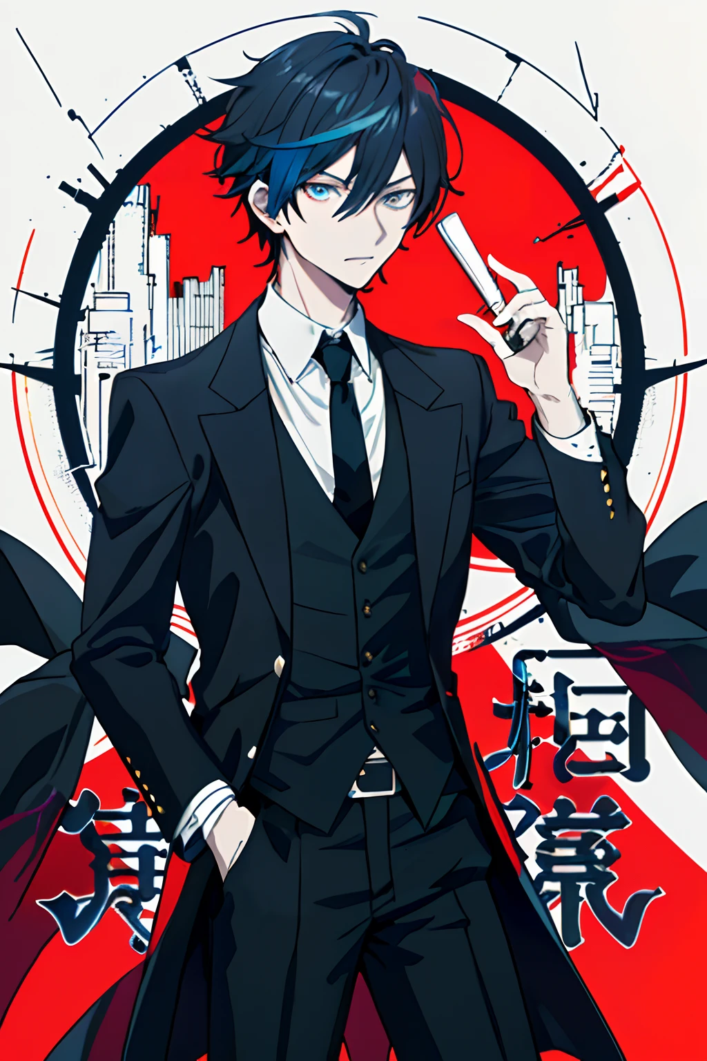 ((((Dramatic))), (((grittiness))), (((Intense))) The movie poster centers on a young writer。。（tmasterpiece：1.2），best qualtiy，realisticlying，Anime - Stylistic image of a man in a black suit and a black tie, Beautiful androgynous prince, shigenori soejima illustration, Tall anime guy with blue eyes, Key anime art, inspirado em Okumura Masanobu, inspired by Yamagata Hiro, Digital anime illustration, Digital cyberpunk anime art, Anime portrait of a handsome man，He stands confident in the center of the poster，Dress in fashion-forward clothing，with a determined expression on her face。The background is dark and gritty，There is a sense of danger and a strong feeling。The text is bold and eye-catching，With catchy slogans，Adds to the overall drama and excitement。The color palette is dominated by dark colors，Dotted with bright colors，Make the poster dynamic and visually striking，tachi-e (Magazines:1.3), (Cover-style:1.3), Fashionab,, Outfit, posing on a, Front,rich colourful，dyna，Background with，element in，self-assured，Expressing the，halter，statement，A majestic，coil，Runt，Touching pubic area，Scenes，text，Cover of a，boldness，attention-grabbing，titles，Fashionab，typeface，Catchy，titles，more big，Smart、moderno、Trendy、focus-on、Fashionab、
